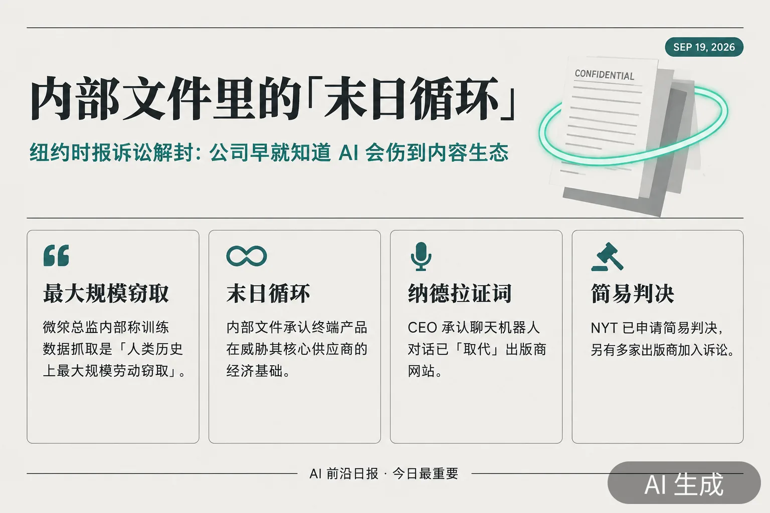 信息图：纽约时报诉讼解封文件——「末日循环」与「最大规模劳动窃取」（AI 生成图，文字为当日报道要点）