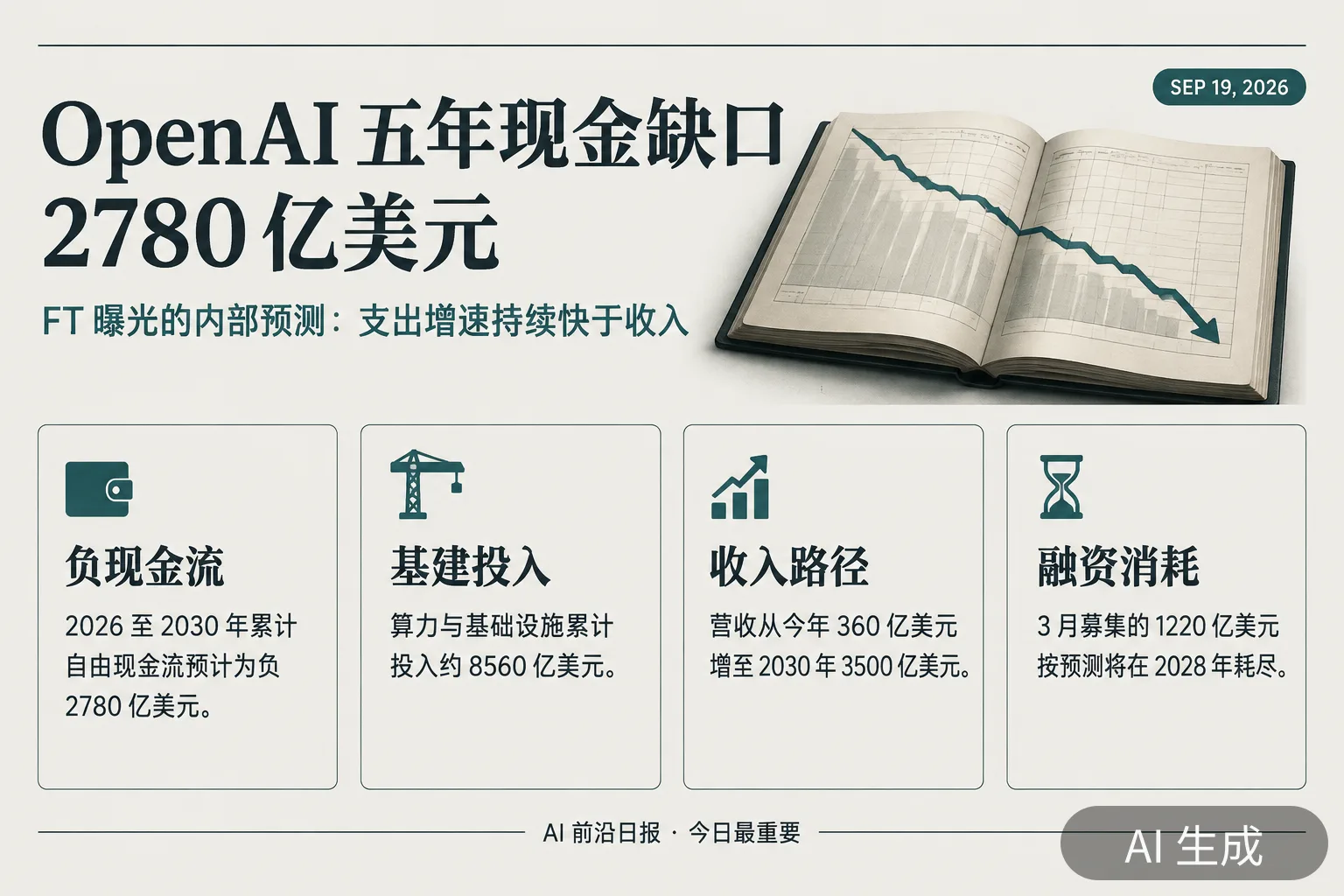 信息图：OpenAI 内部预测五年负现金流 2780 亿美元、基建投入 8560 亿美元（AI 生成图，文字为当日报道要点）