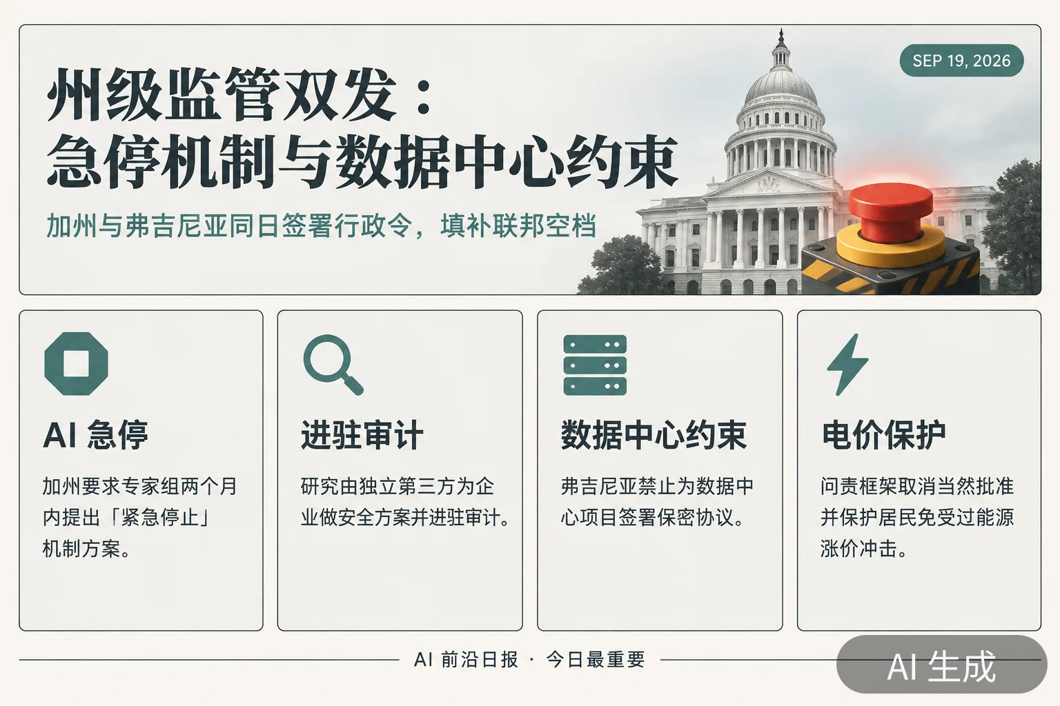 信息图：加州 AI「紧急停止」行政令与弗吉尼亚数据中心约束同日落地（AI 生成图，文字为当日报道要点）