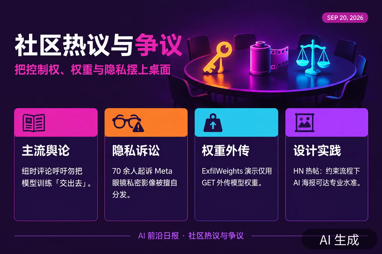 信息图:社区热议与争议——把控制权、权重与隐私摆上桌面(AI 生成图,文字为当日报道要点)