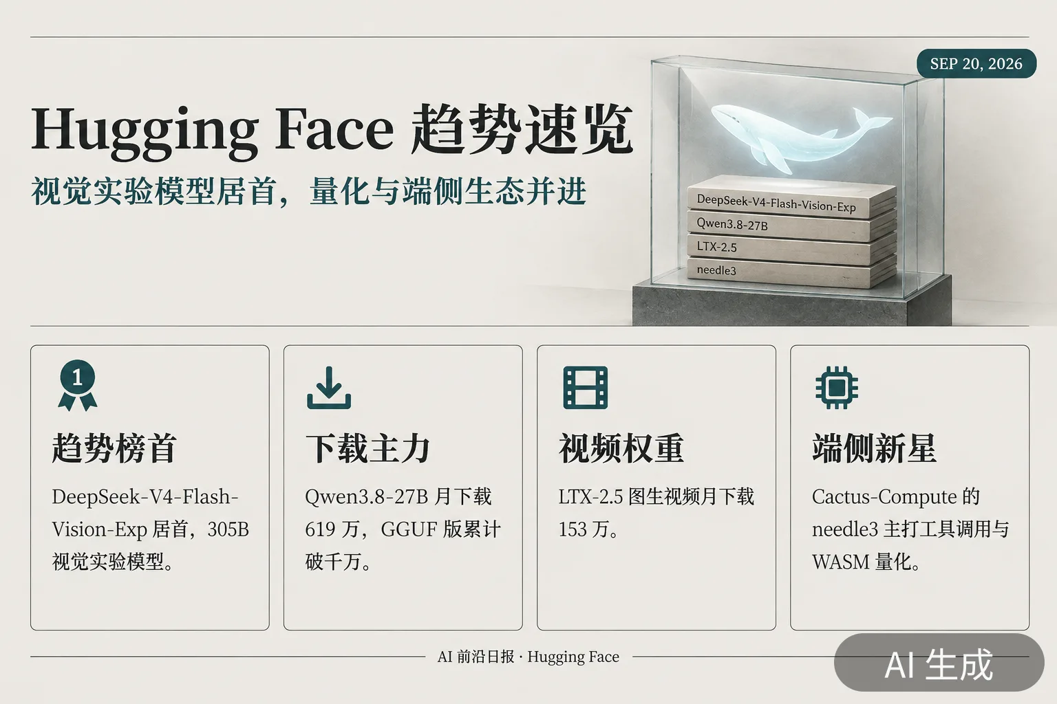 信息图:Hugging Face 趋势速览——视觉实验模型居首、量化与端侧生态并进(AI 生成图,文字为当日报道要点)