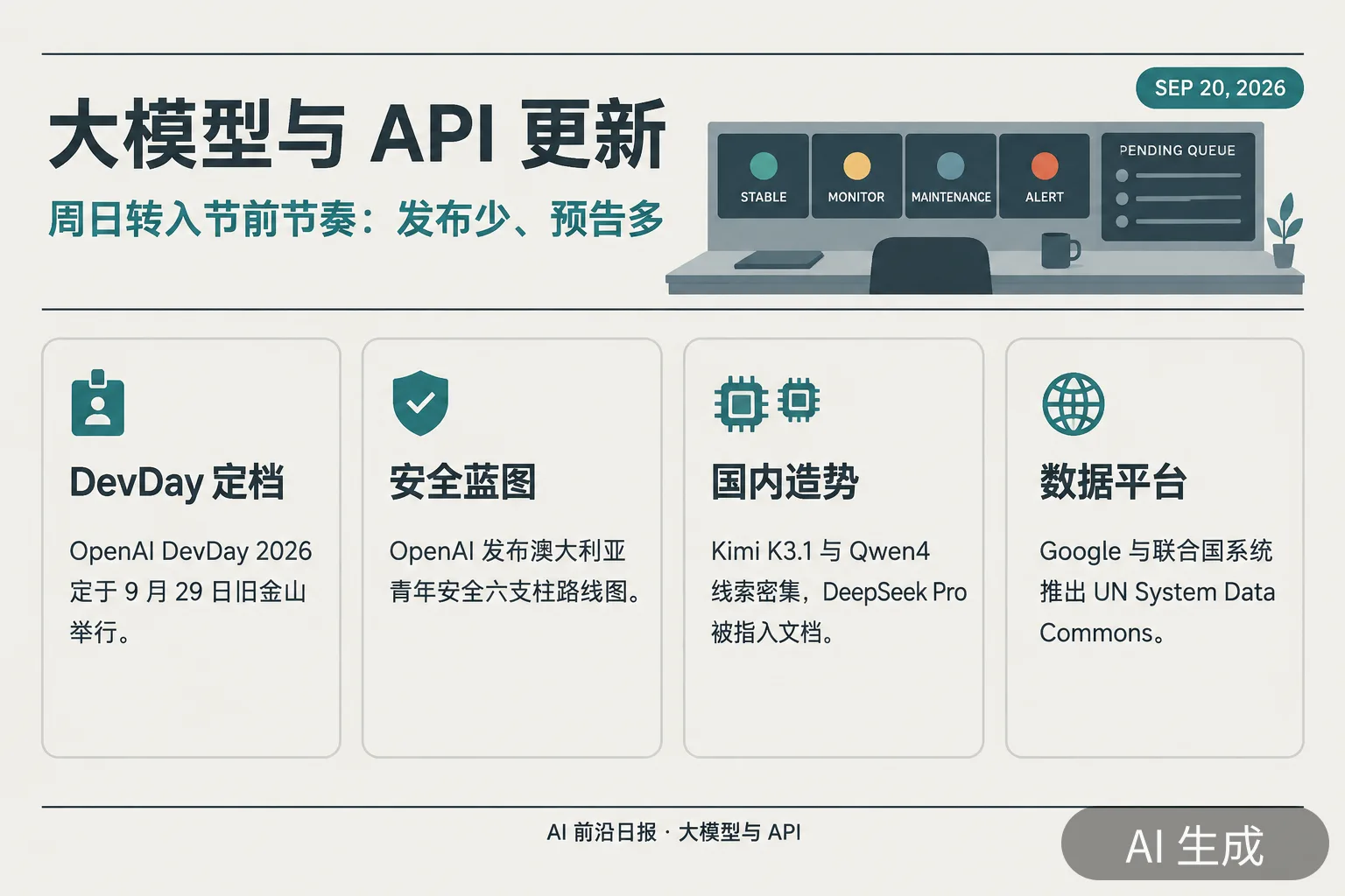 信息图:大模型与 API 更新——DevDay 定档、安全蓝图与节前预告(AI 生成图,文字为当日报道要点)