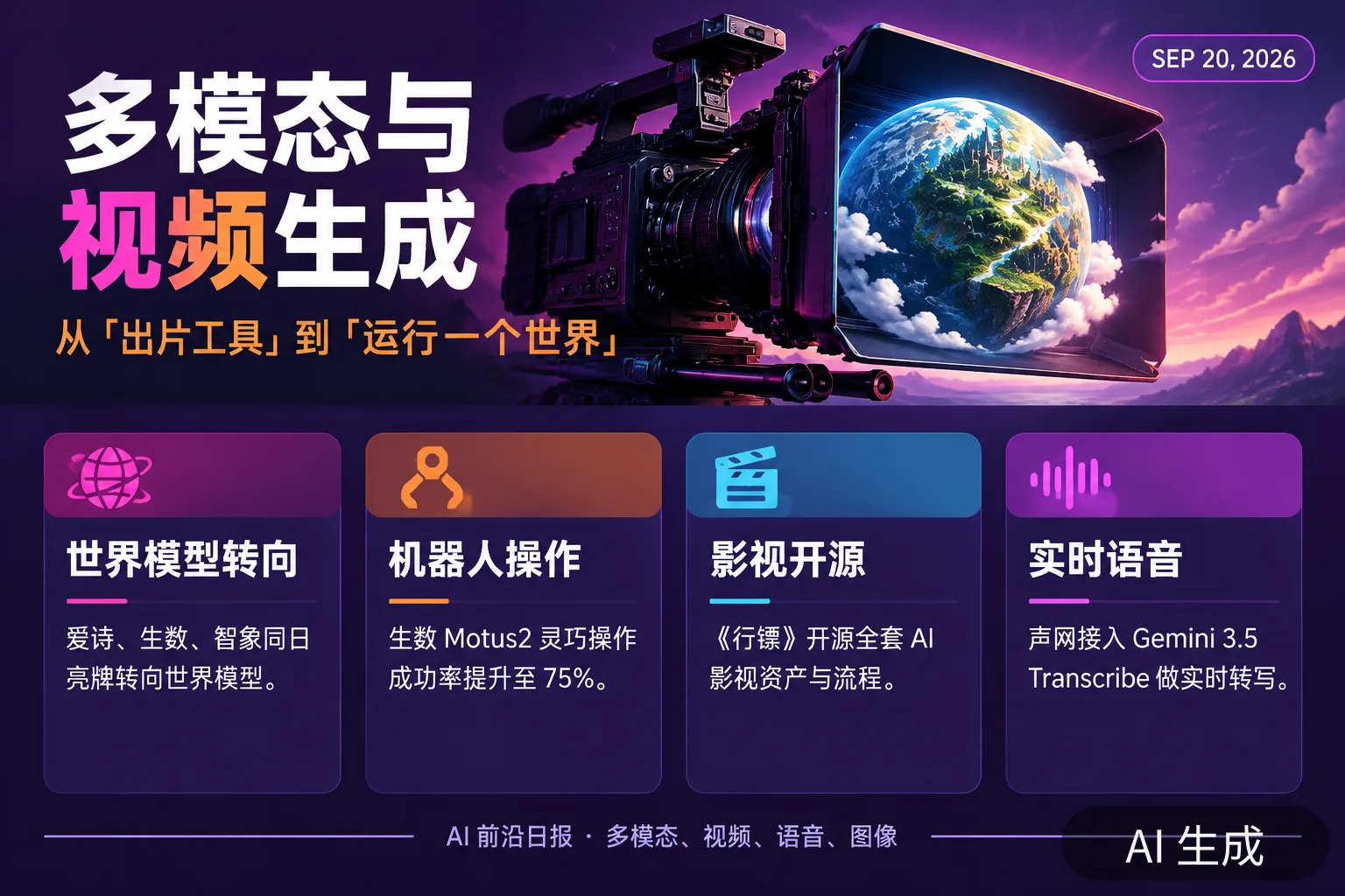 信息图:多模态与视频生成——从出片工具到「运行一个世界」(AI 生成图,文字为当日报道要点)