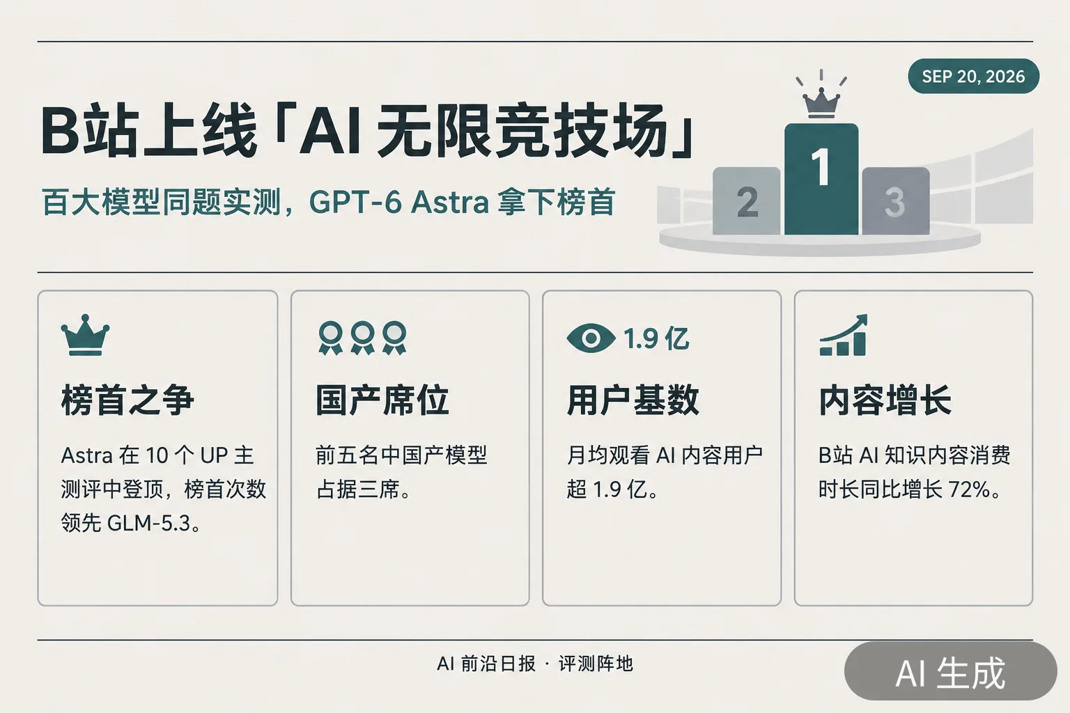 信息图:B站「AI 无限竞技场」上线——GPT-6 Astra 登顶、前五国产占三席(AI 生成图,文字为当日报道要点)