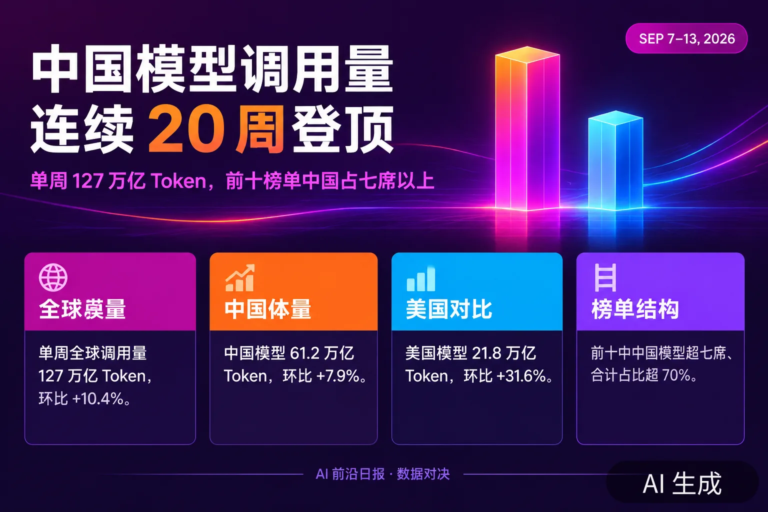 信息图:中国大模型调用量连续 20 周超美国——单周 127 万亿 Token(AI 生成图,文字为当日报道要点)