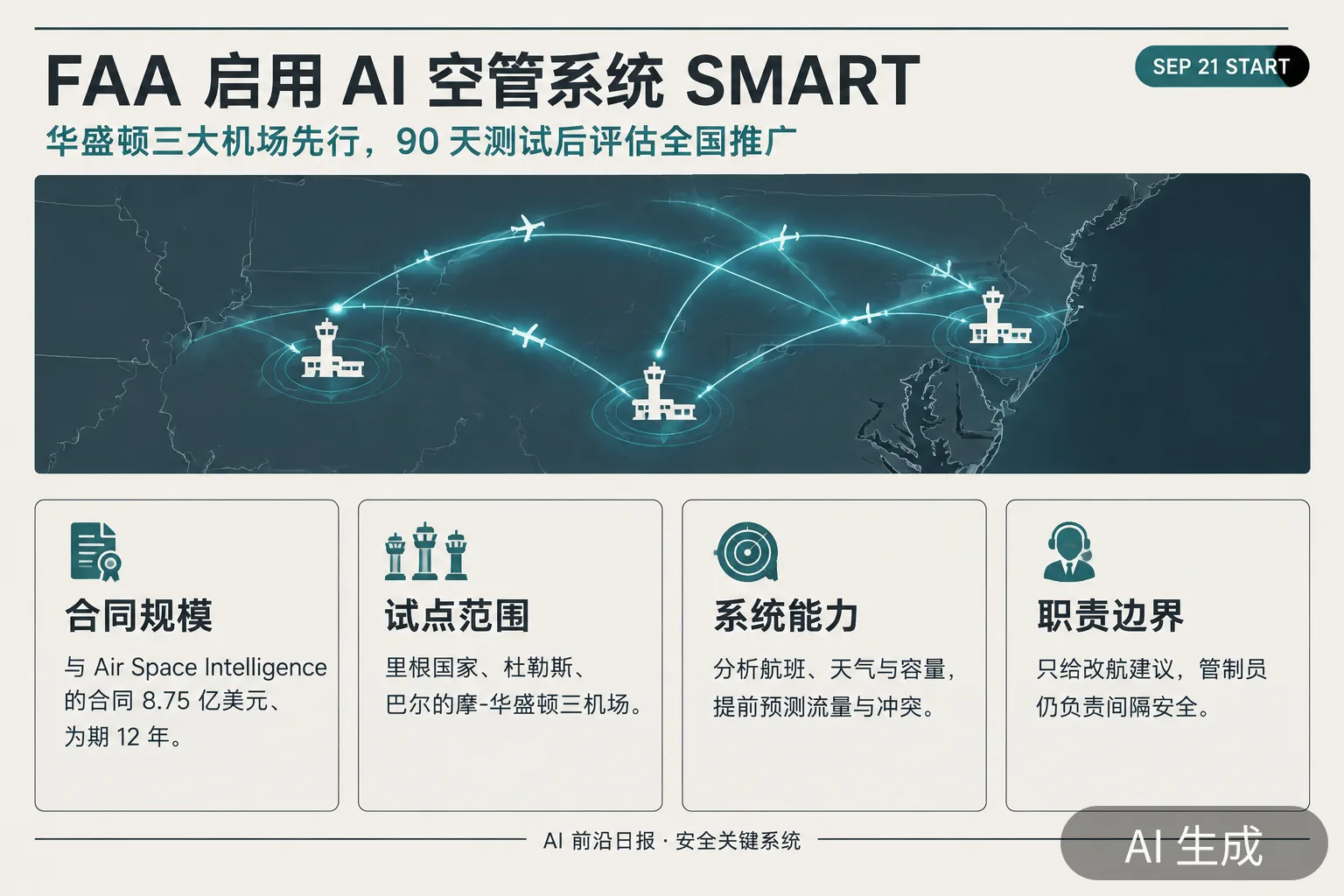 信息图:FAA 启用 8.75 亿美元 AI 空管系统 SMART——华盛顿三机场先行(AI 生成图,文字为当日报道要点)