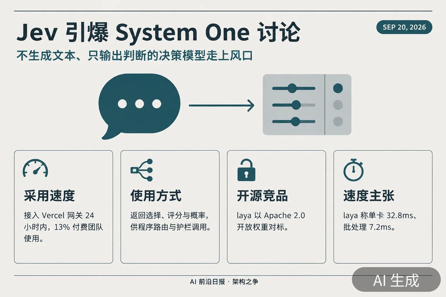 信息图:Jev 引爆 System One 决策模型讨论——Vercel 24 小时采用率 13%(AI 生成图,文字为当日报道要点)