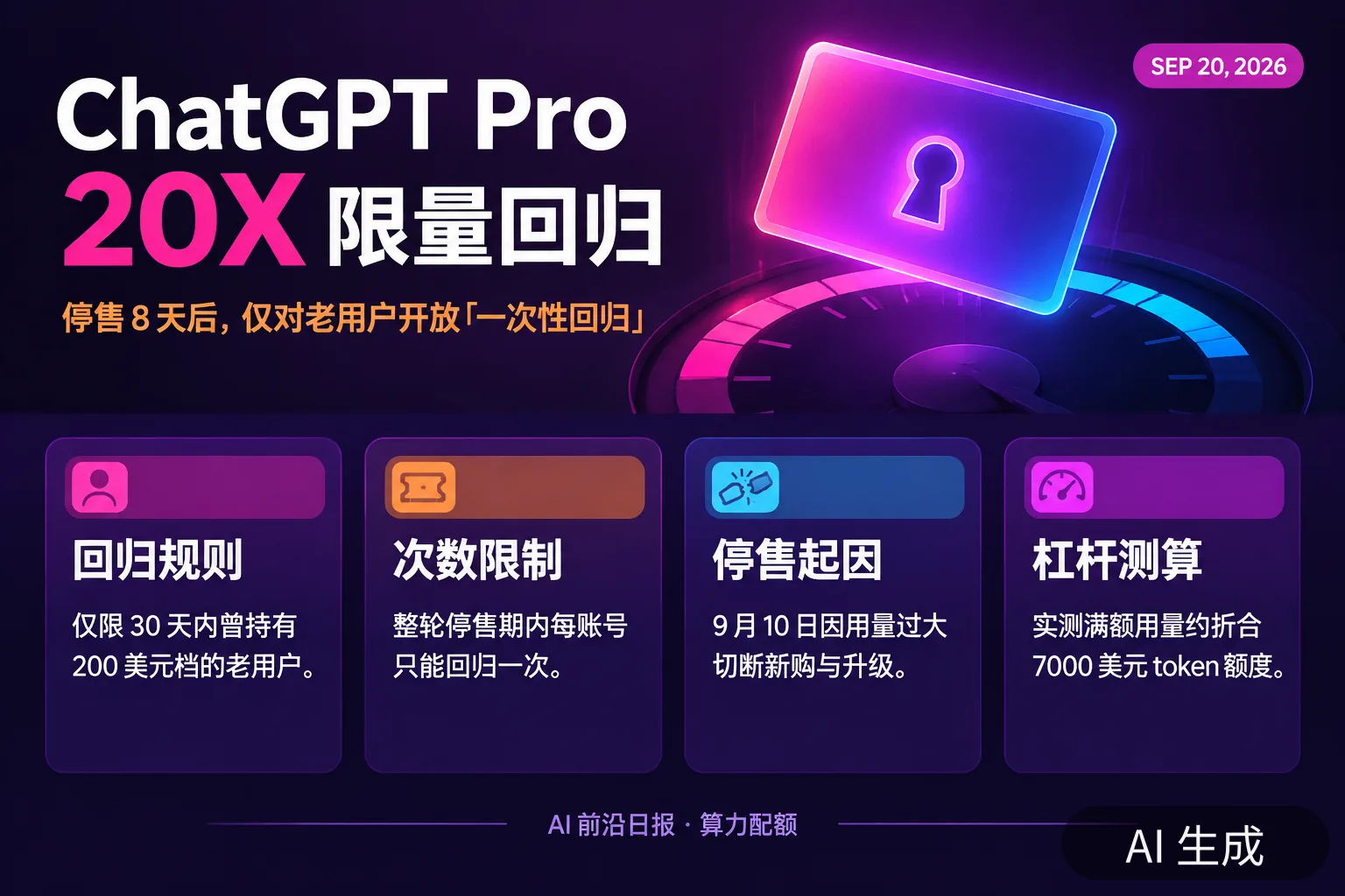 信息图:ChatGPT Pro 20X 限量回归——停售 8 天后仅老用户可「一次性回归」(AI 生成图,文字为当日报道要点)