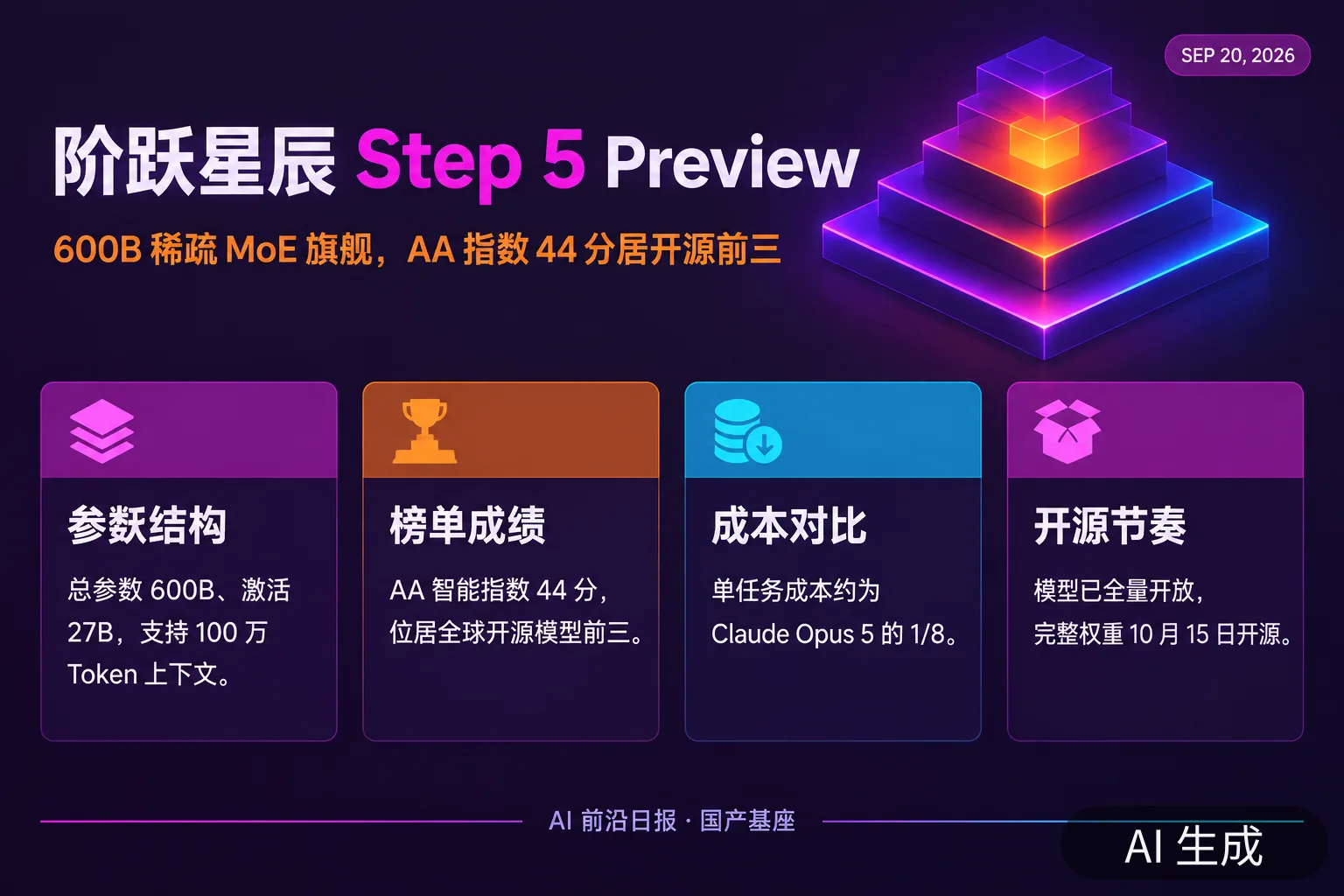 信息图:阶跃星辰 Step 5 Preview——600B 稀疏 MoE、AA 44 分居开源前三(AI 生成图,文字为当日报道要点)