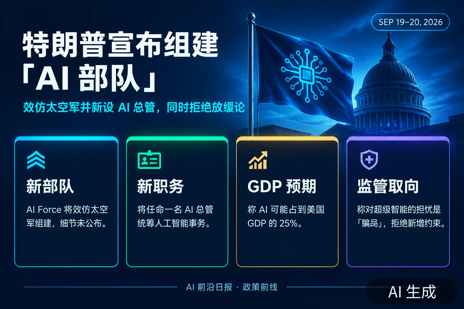 信息图:特朗普宣布组建「AI 部队」并新设 AI 总管——拒绝对话式监管(AI 生成图,文字为当日报道要点)