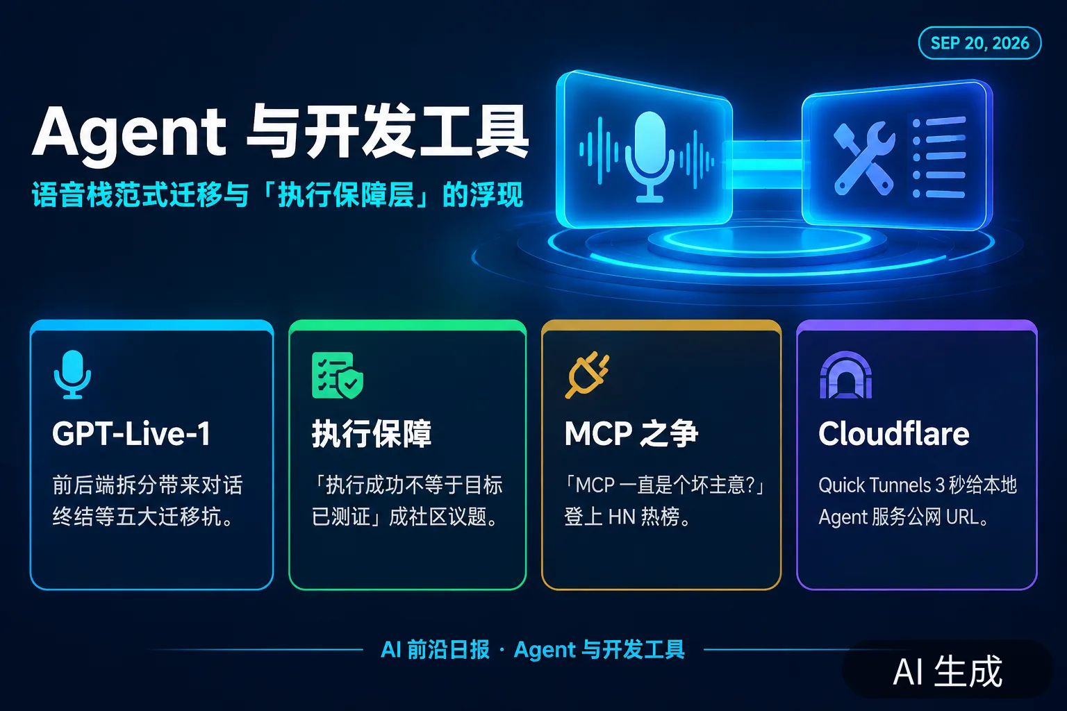 信息图：Agent 与开发工具——语音栈范式迁移与「执行保障层」的浮现（AI 生成图，文字为当日报道要点）