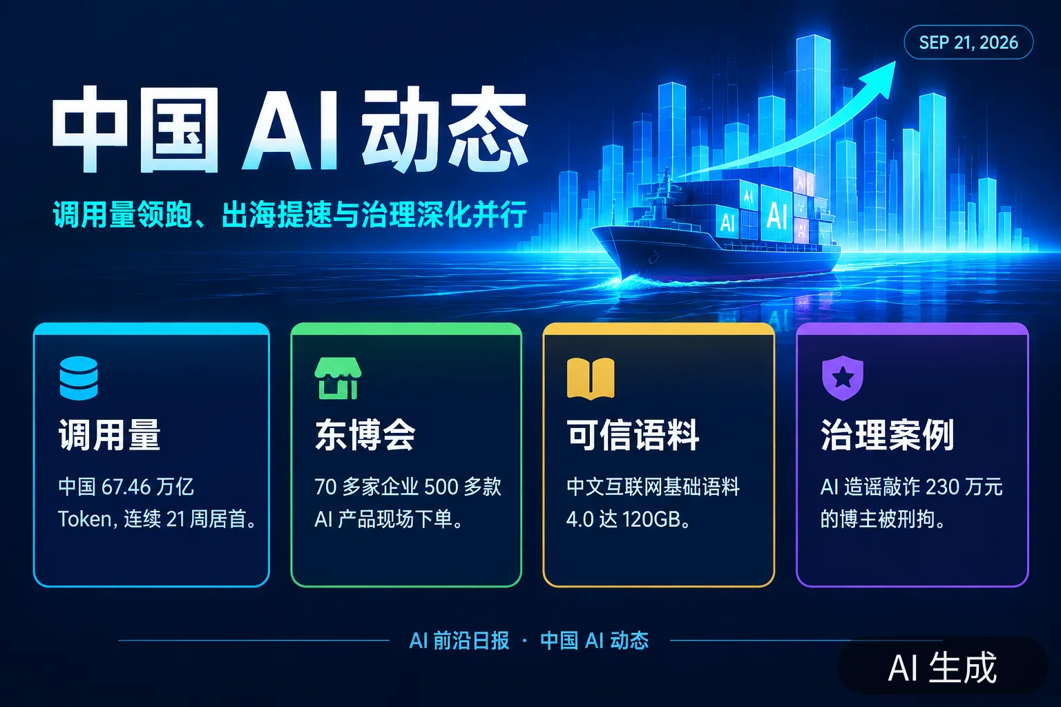 信息图：中国 AI 动态——调用量领跑、出海提速与治理深化并行（AI 生成图，文字为当日报道要点）