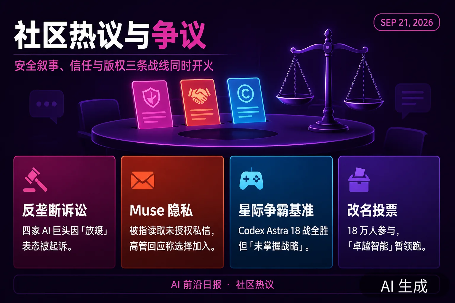 信息图：社区热议与争议——安全叙事、信任与版权三条战线同时开火（AI 生成图，文字为当日报道要点）