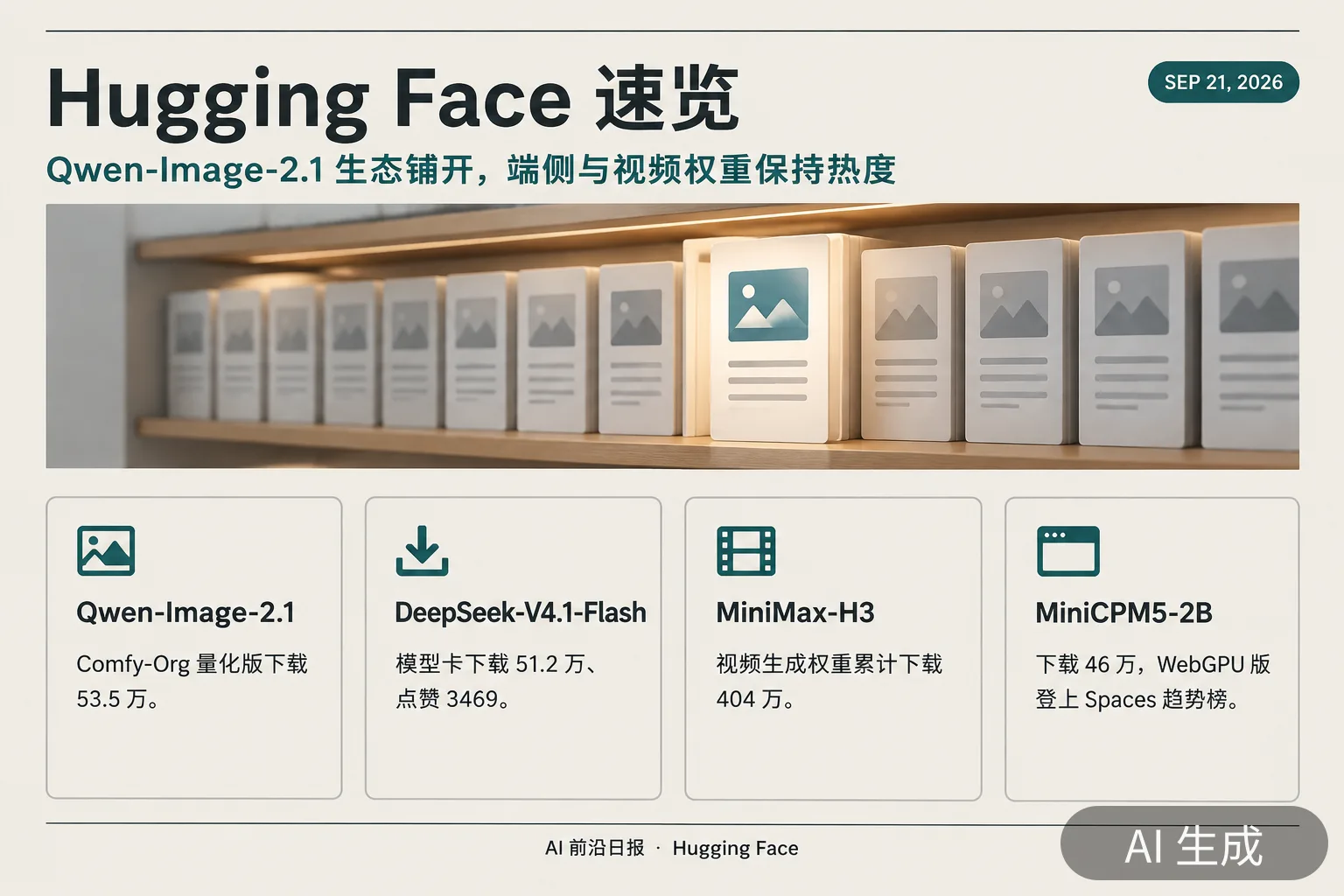 信息图：Hugging Face 速览——Qwen-Image-2.1 生态铺开，端侧与视频权重保持热度（AI 生成图，文字为当日报道要点）