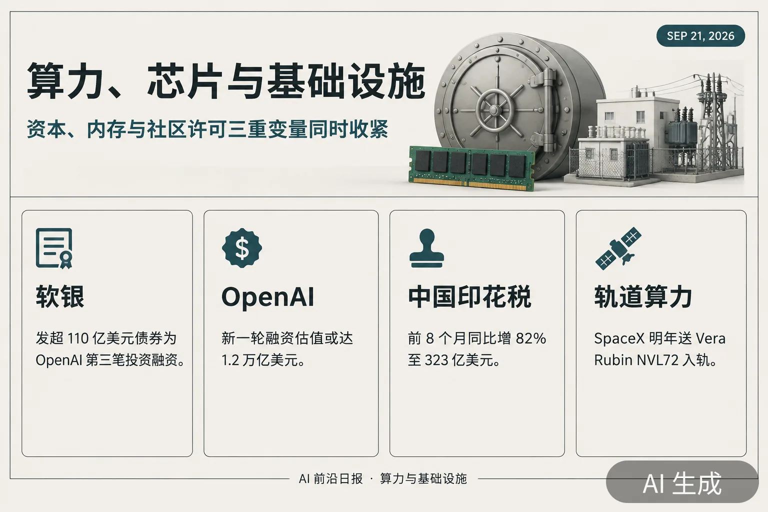 信息图：算力、芯片与基础设施——资本、内存与社区许可三重变量同时收紧（AI 生成图，文字为当日报道要点）