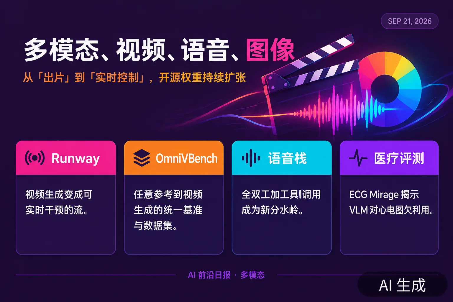 信息图：多模态、视频、语音、图像——从「出片」到「实时控制」，开源权重持续扩张（AI 生成图，文字为当日报道要点）