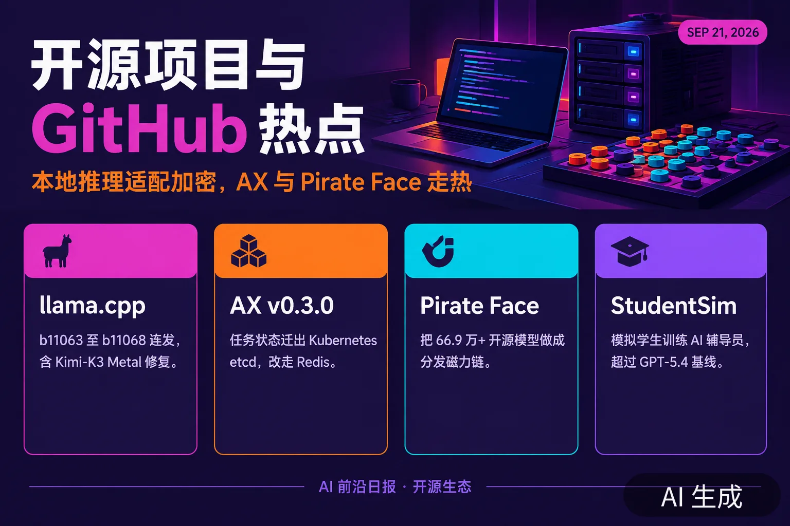 信息图：开源项目与 GitHub 热点——本地推理适配加密，AX 与 Pirate Face 走热（AI 生成图，文字为当日报道要点）