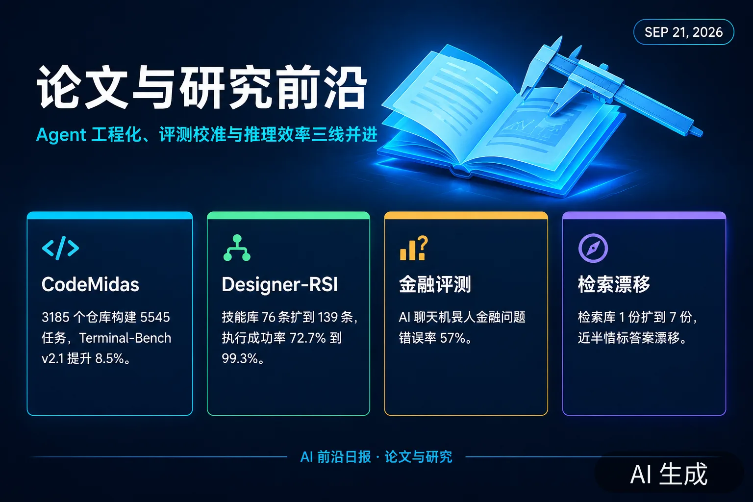 信息图：论文与研究前沿——Agent 工程化、评测校准与推理效率三线并进（AI 生成图，文字为当日报道要点）