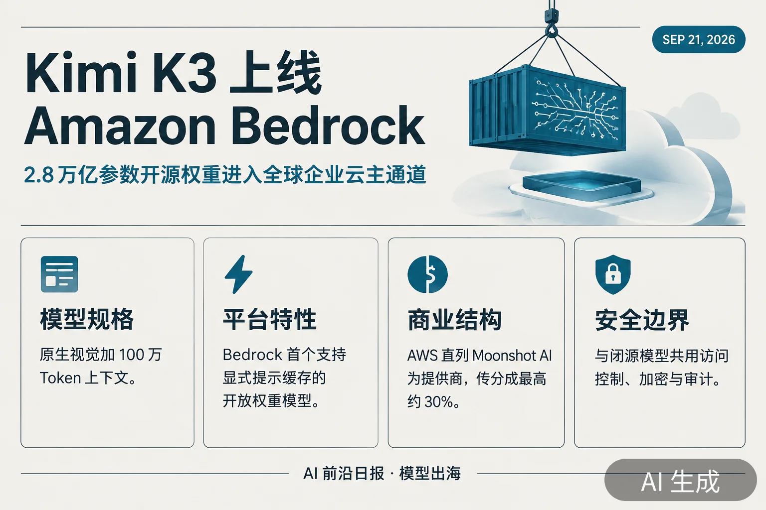 信息图：Kimi K3 上线 Amazon Bedrock——2.8 万亿参数开源权重进入全球企业云主通道（AI 生成图，文字为当日报道要点）