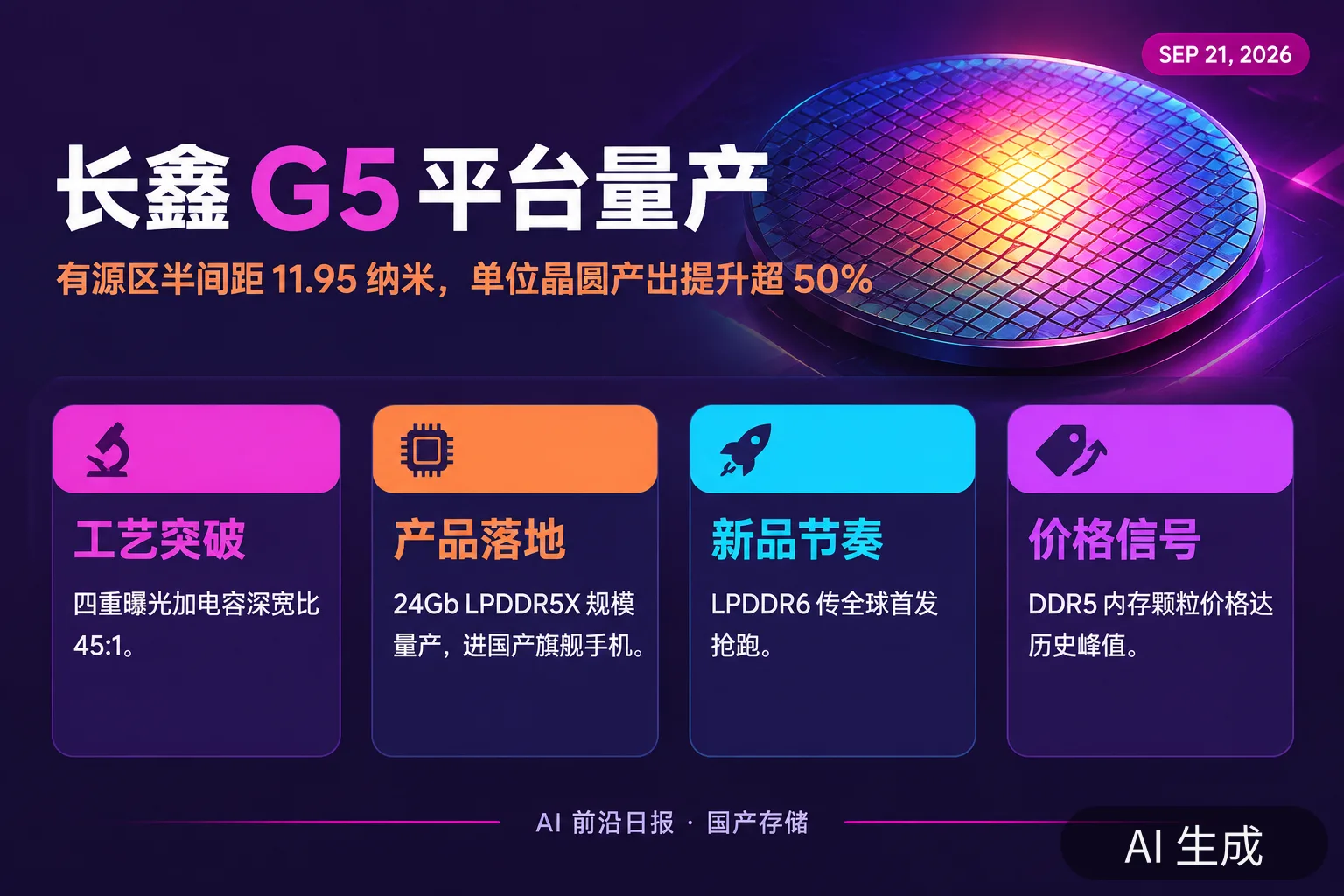 信息图：长鑫 G5 平台量产——有源区半间距 11.95 纳米，单位晶圆产出提升超 50%（AI 生成图，文字为当日报道要点）