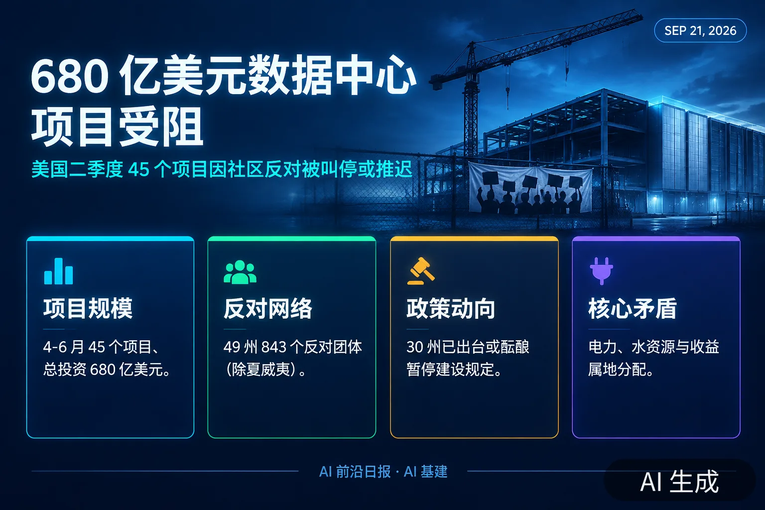信息图：680 亿美元数据中心项目受阻——美国二季度 45 个项目因社区反对被叫停或推迟（AI 生成图，文字为当日报道要点）