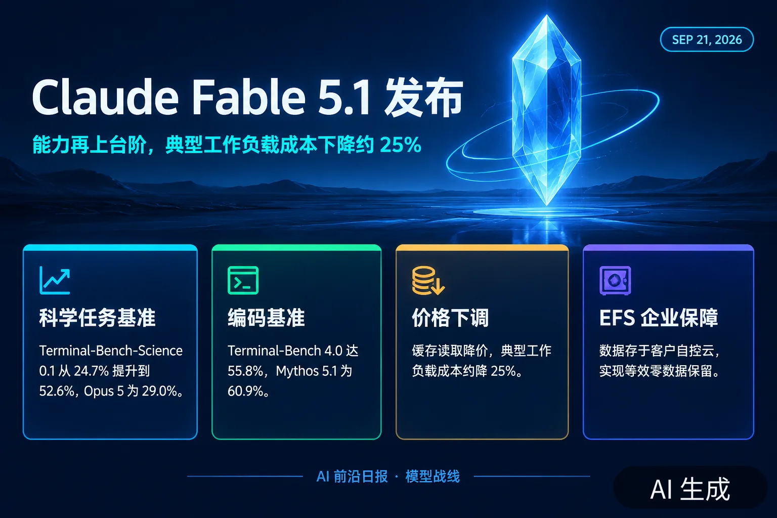 信息图：Claude Fable 5.1 发布——能力再上台阶，典型工作负载成本下降约 25%（AI 生成图，文字为当日报道要点）