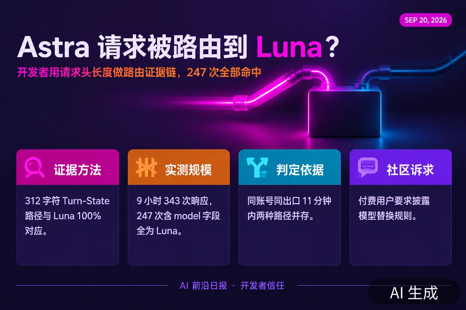信息图：Astra 请求被路由到 Luna？——开发者用请求头长度做路由证据链，247 次全部命中（AI 生成图，文字为当日报道要点）