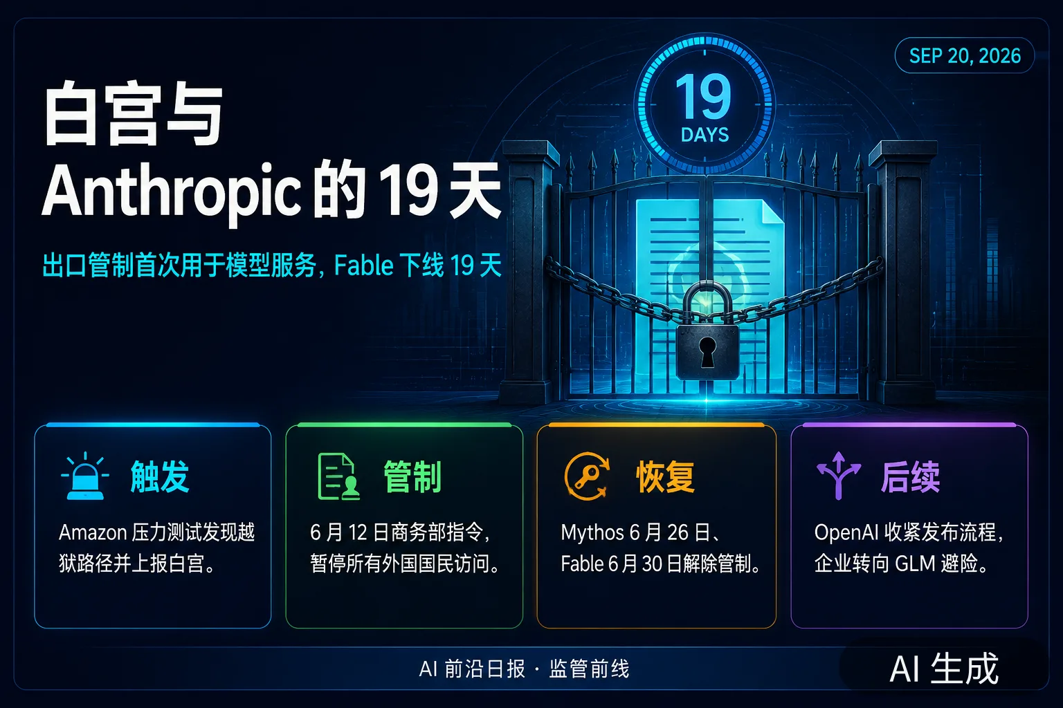 信息图：白宫与 Anthropic 的 19 天——出口管制首次用于模型服务，Fable 下线 19 天（AI 生成图，文字为当日报道要点）
