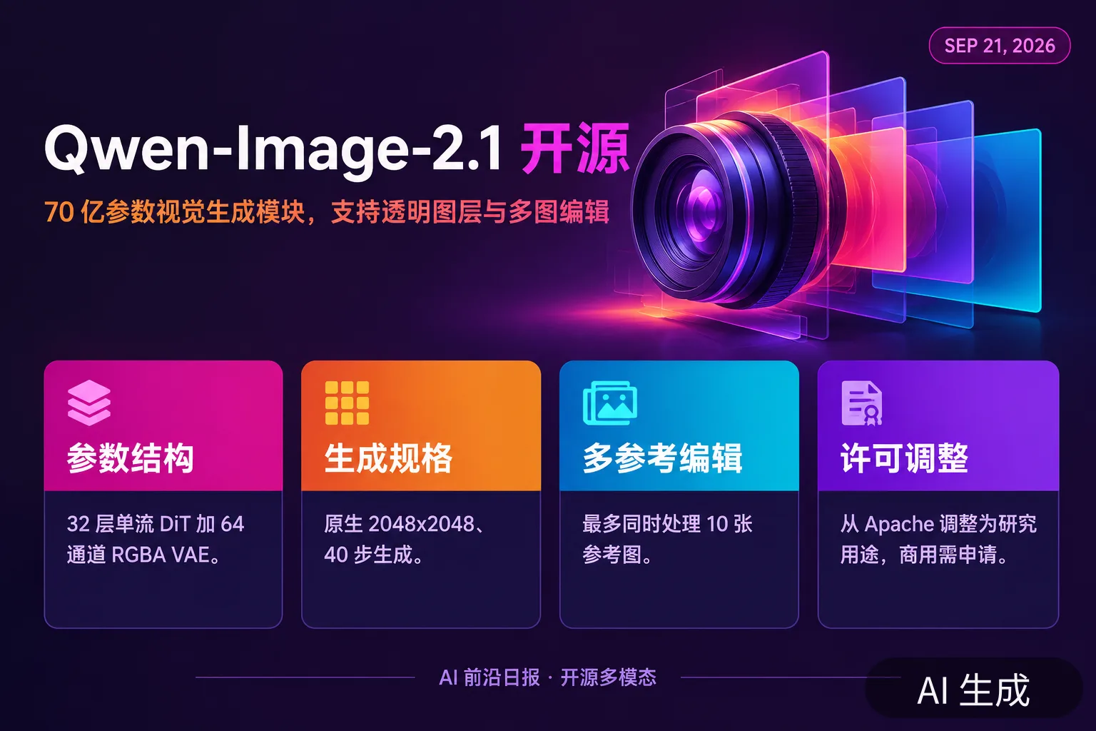 信息图：Qwen-Image-2.1 开源——70 亿参数视觉生成模块，支持透明图层与多图编辑（AI 生成图，文字为当日报道要点）