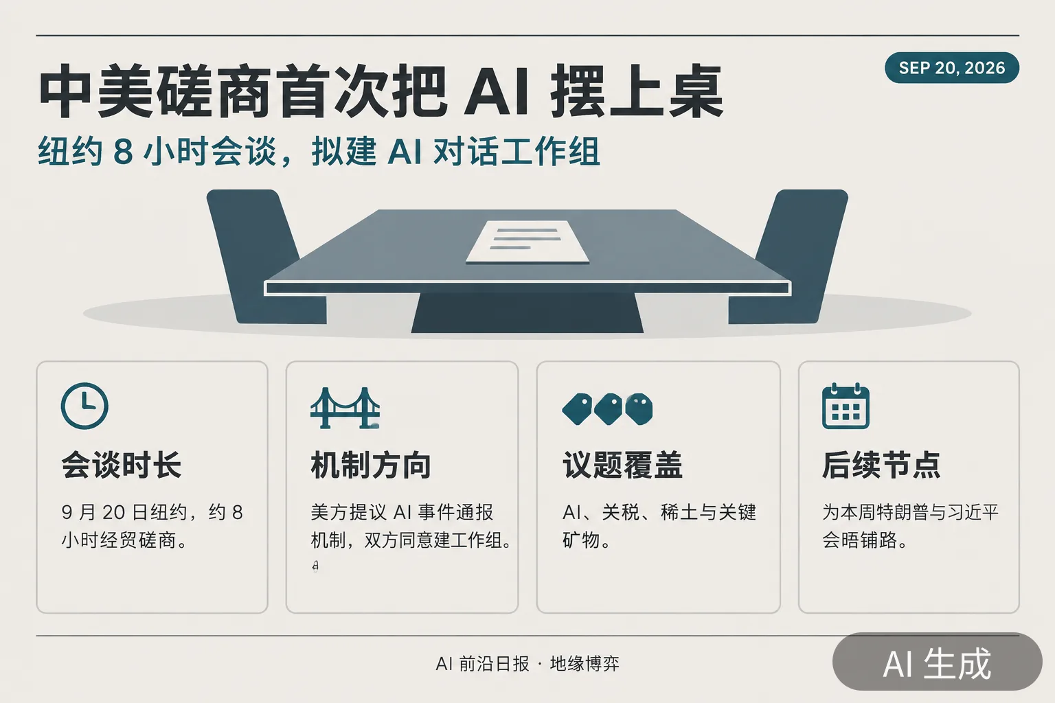 信息图：中美磋商首次把 AI 摆上桌——纽约 8 小时会谈，拟建 AI 对话工作组（AI 生成图，文字为当日报道要点）