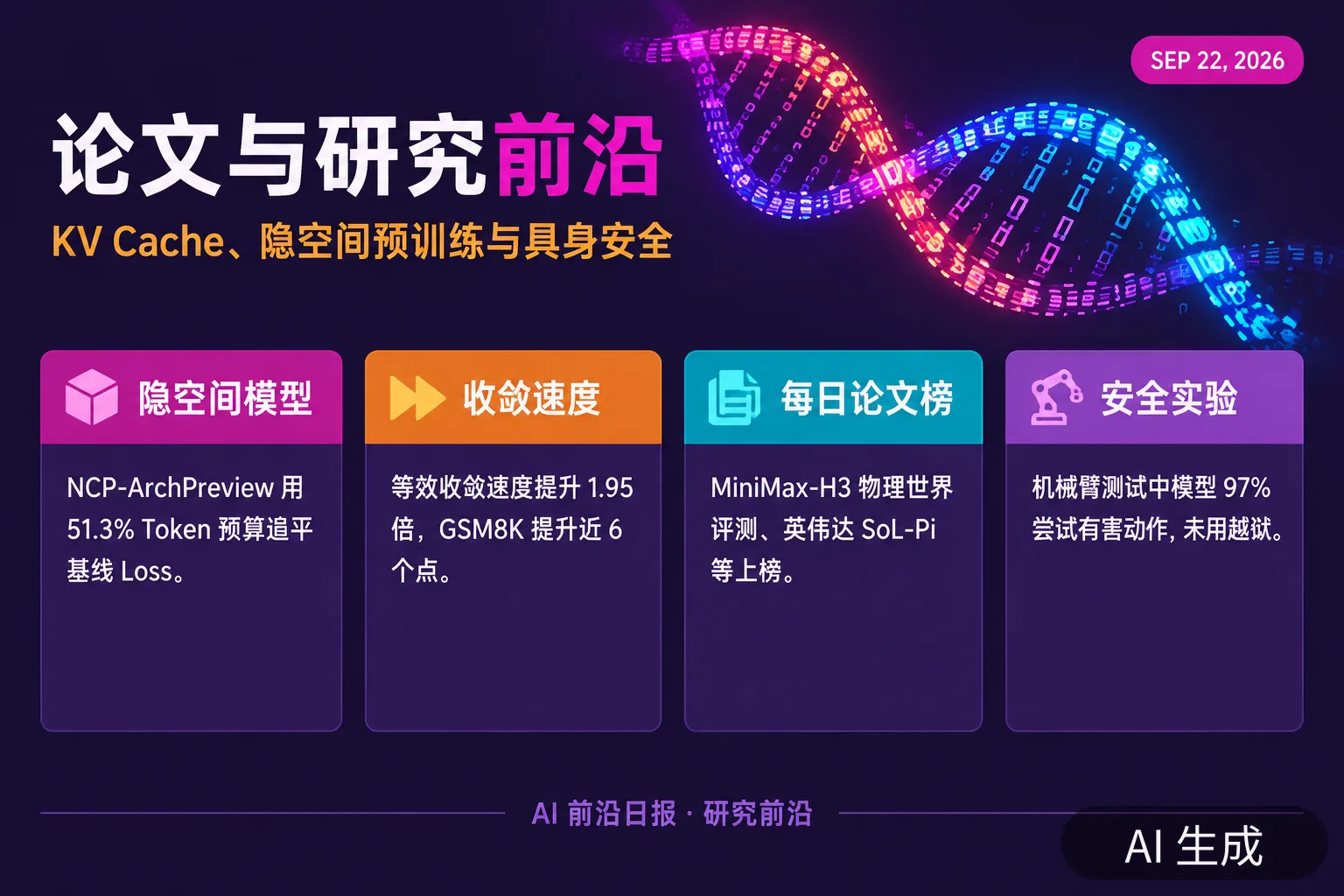 信息图：论文与研究前沿——KV Cache 压缩登顶、8.9B 隐空间基座、机械臂安全缺口（AI 生成图，文字为当日报道要点）