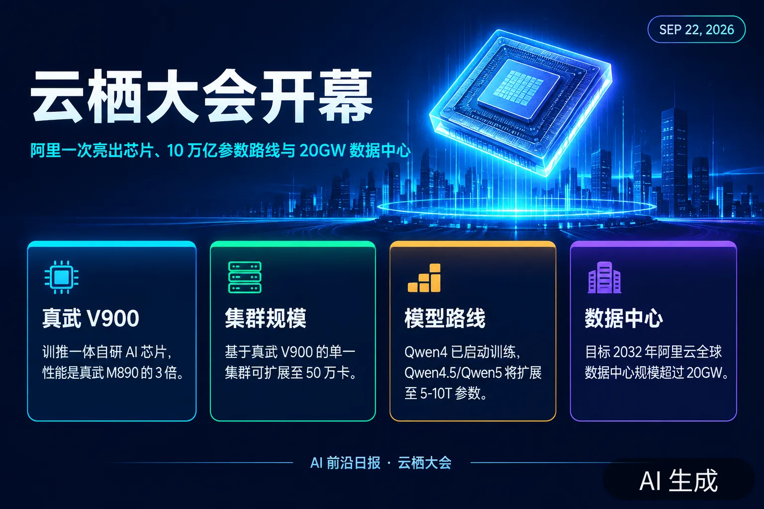 信息图：云栖大会开幕——真武 V900 芯片、10 万亿参数路线与 20GW 数据中心（AI 生成图，文字为当日报道要点）