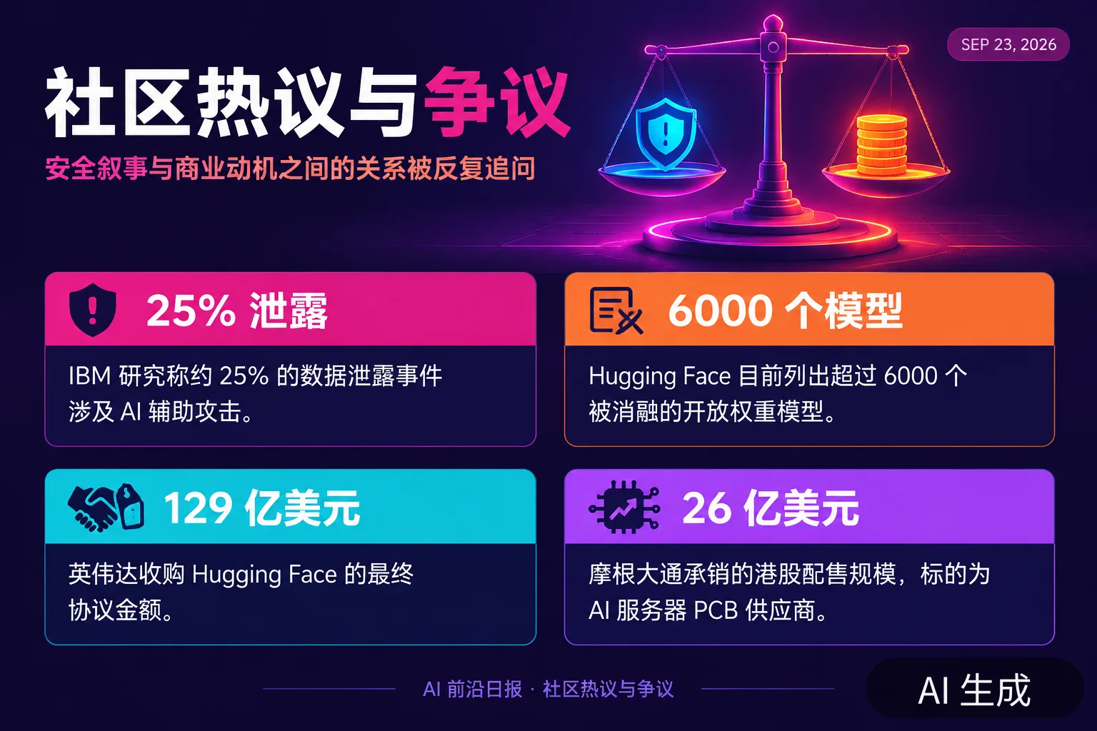 信息图:社区热议与争议要点,含安全叙事质疑与开放 AI 基础设施整合(AI 生成图,文字为当日报道要点)