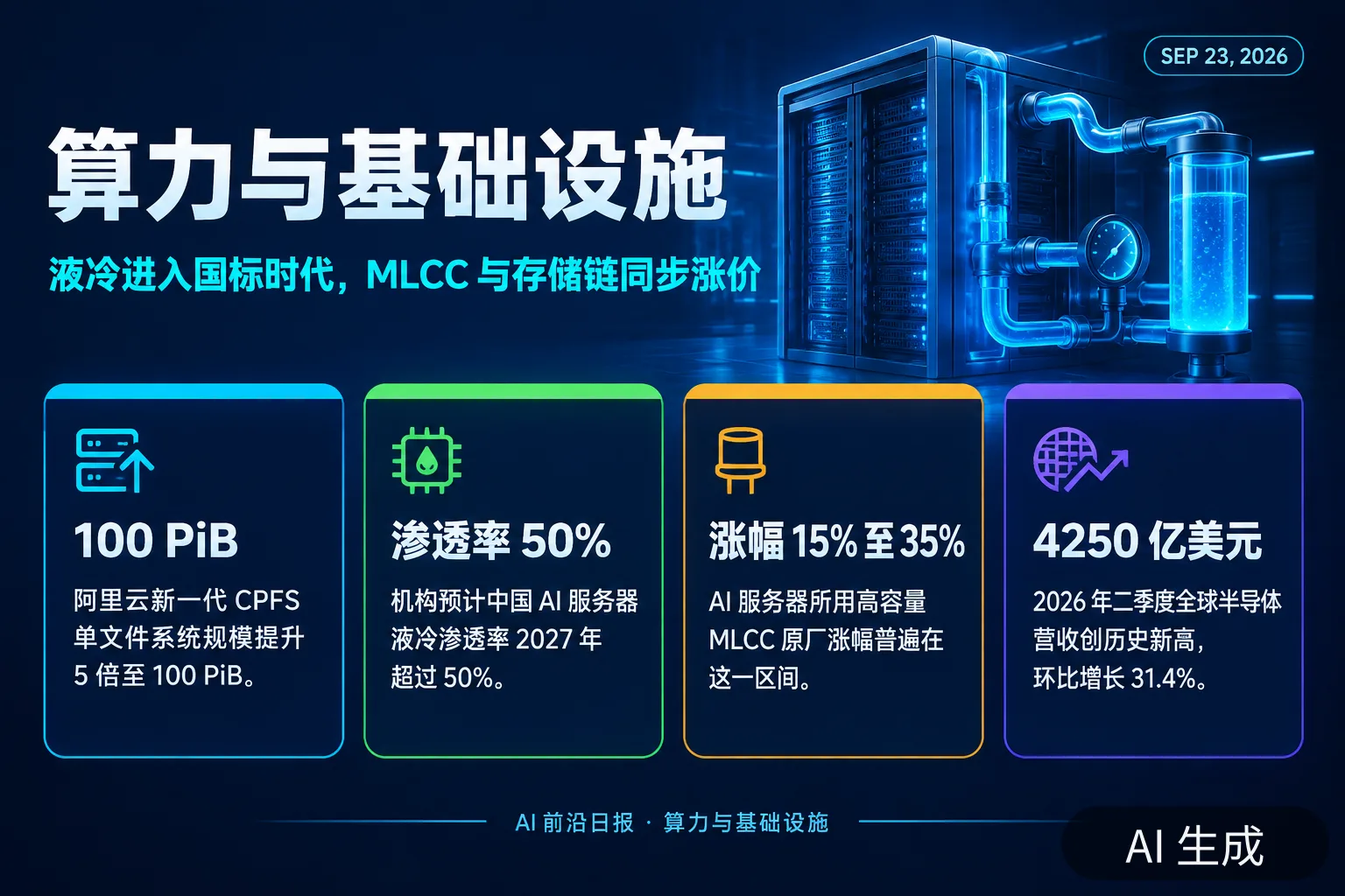 信息图:算力、推理、芯片与基础设施要点,含液冷国标与 MLCC 涨价(AI 生成图,文字为当日报道要点)