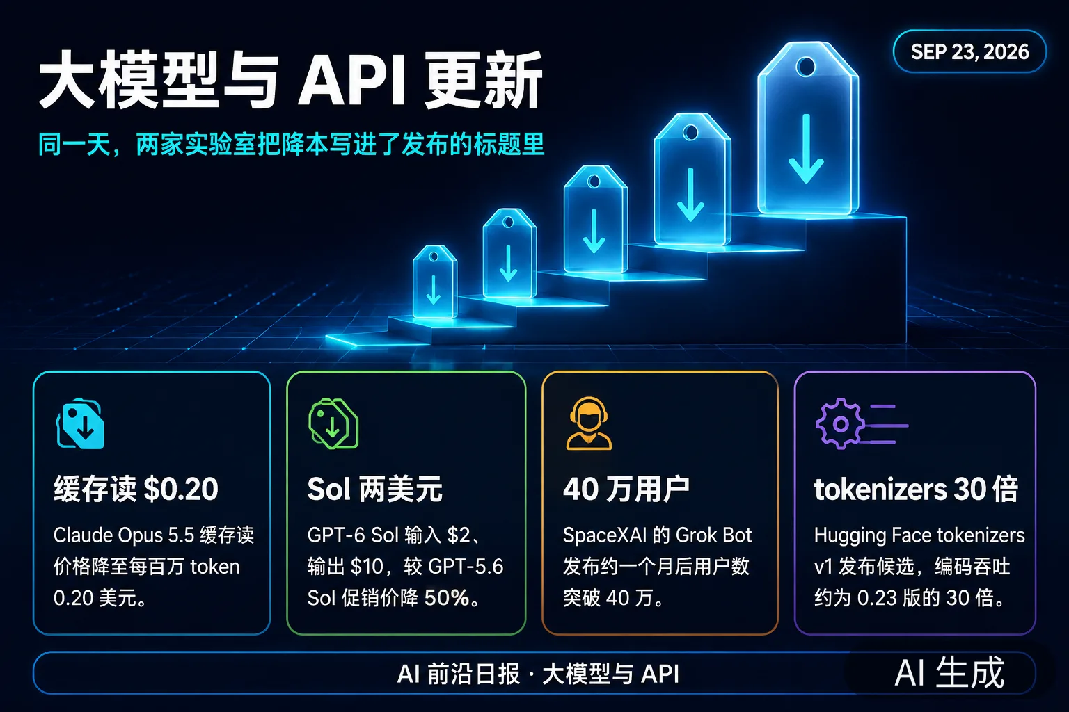 信息图:大模型与 API 更新要点,含缓存读降价、GPT-6 Sol/Luna 价格与工具链升级(AI 生成图,文字为当日报道要点)