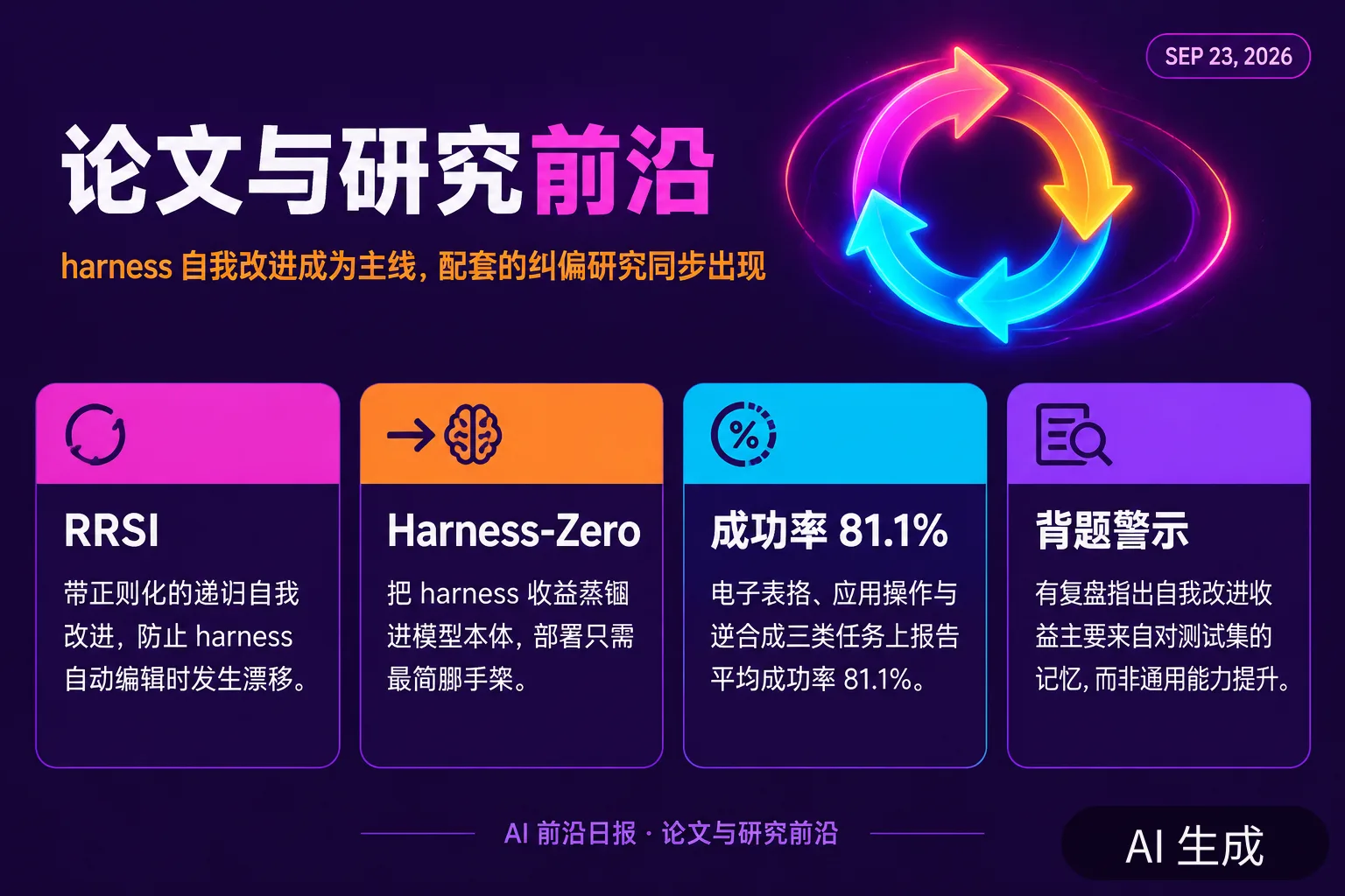 信息图:论文与研究前沿要点,harness 自我改进与过程式评测成为当日主线(AI 生成图,文字为当日报道要点)