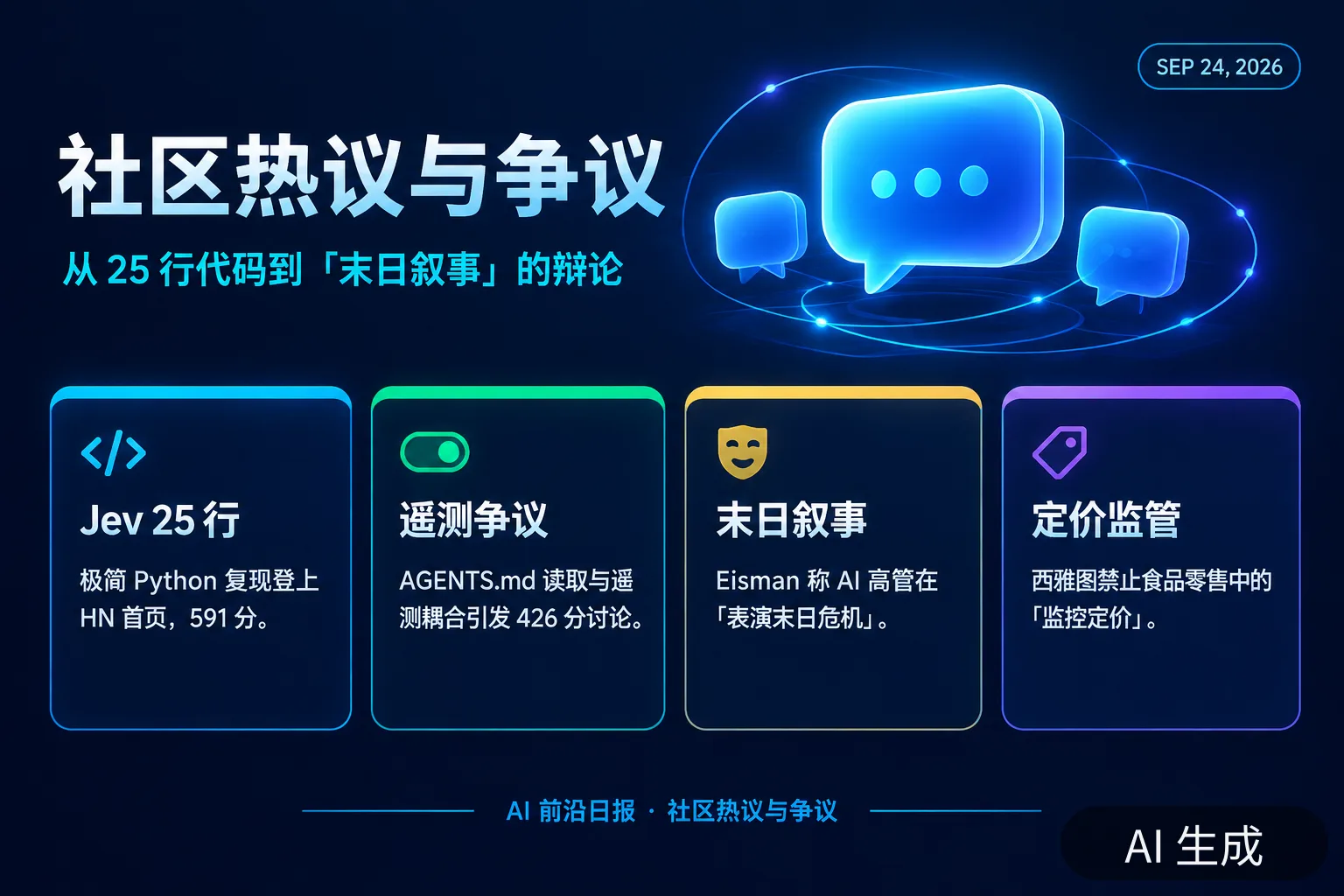 信息图:社区热议要点,含 Jev 极简复现与遥测争议讨论(AI 生成图,文字为当日报道要点)