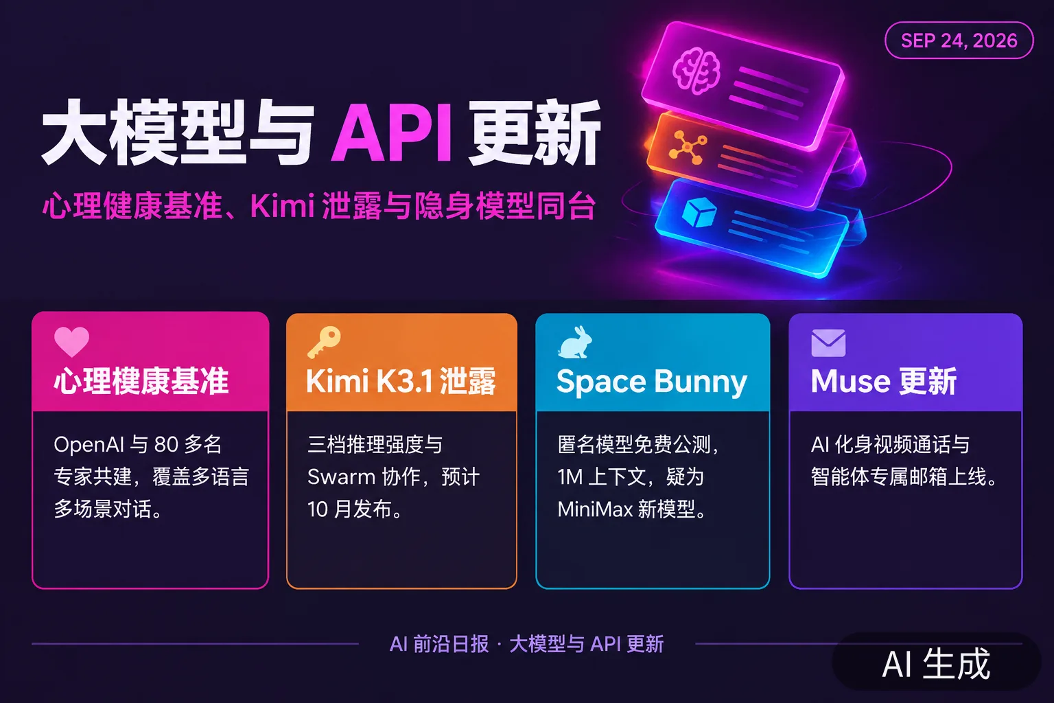 信息图:大模型与 API 更新要点,含 MentalHealthBench、Kimi K3.1 与 Space Bunny(AI 生成图,文字为当日报道要点)