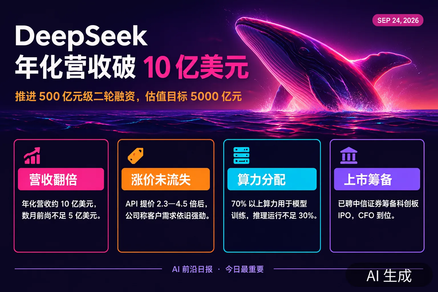 信息图:DeepSeek 年化营收突破 10 亿美元,推进 500 亿元级融资(AI 生成图,文字为当日报道要点)