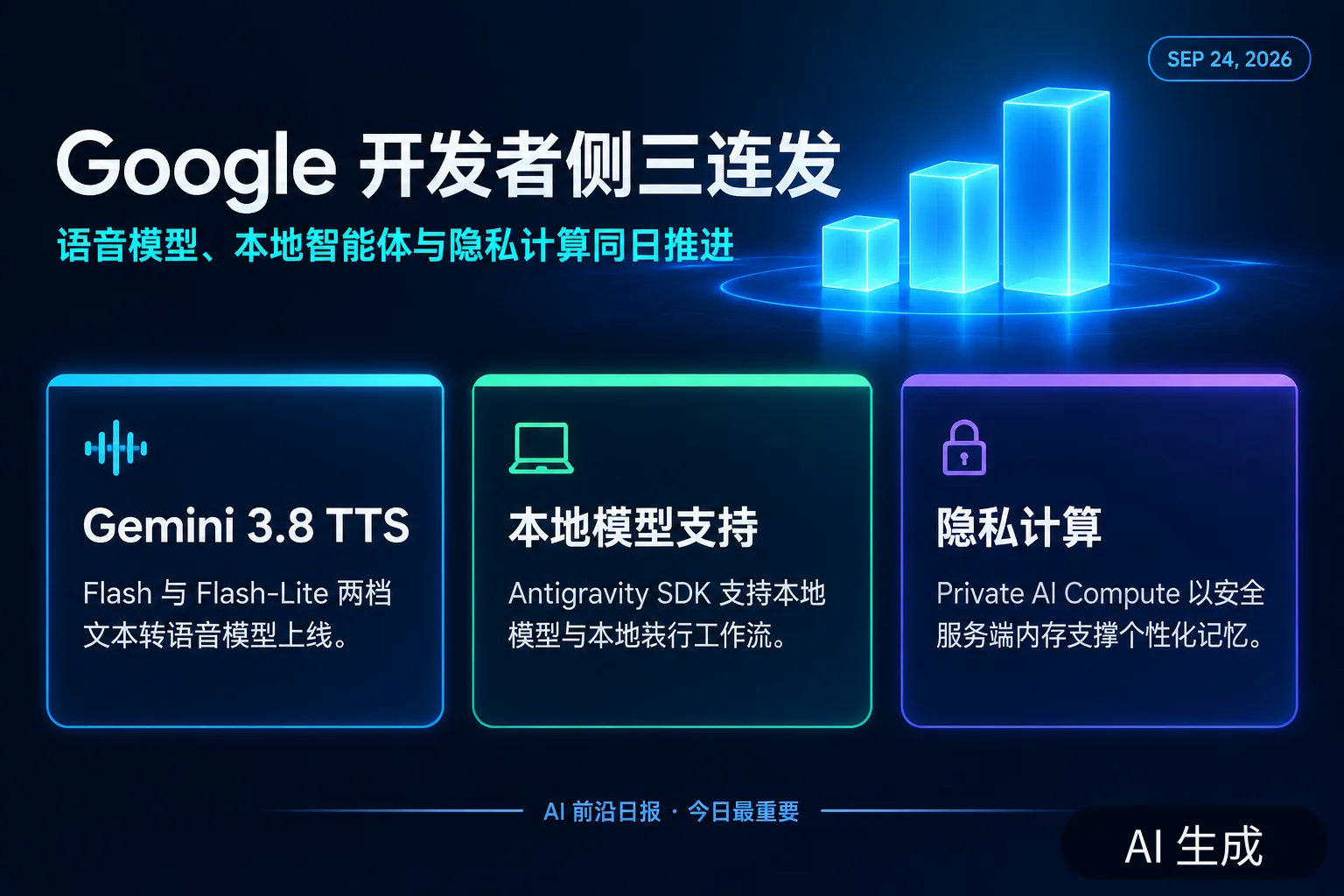信息图:Google 开发者侧三连发,Gemini 3.8 TTS、本地模型与隐私计算(AI 生成图,文字为当日报道要点)
