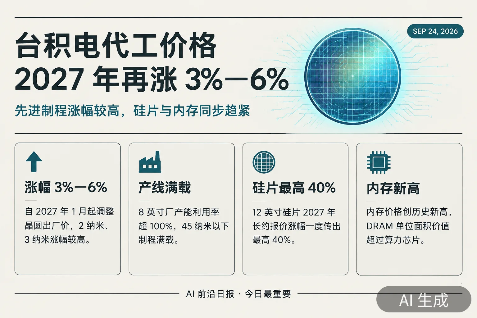 信息图:台积电拟 2027 年上调代工价格 3%—6%,硅片与内存同步趋紧(AI 生成图,文字为当日报道要点)