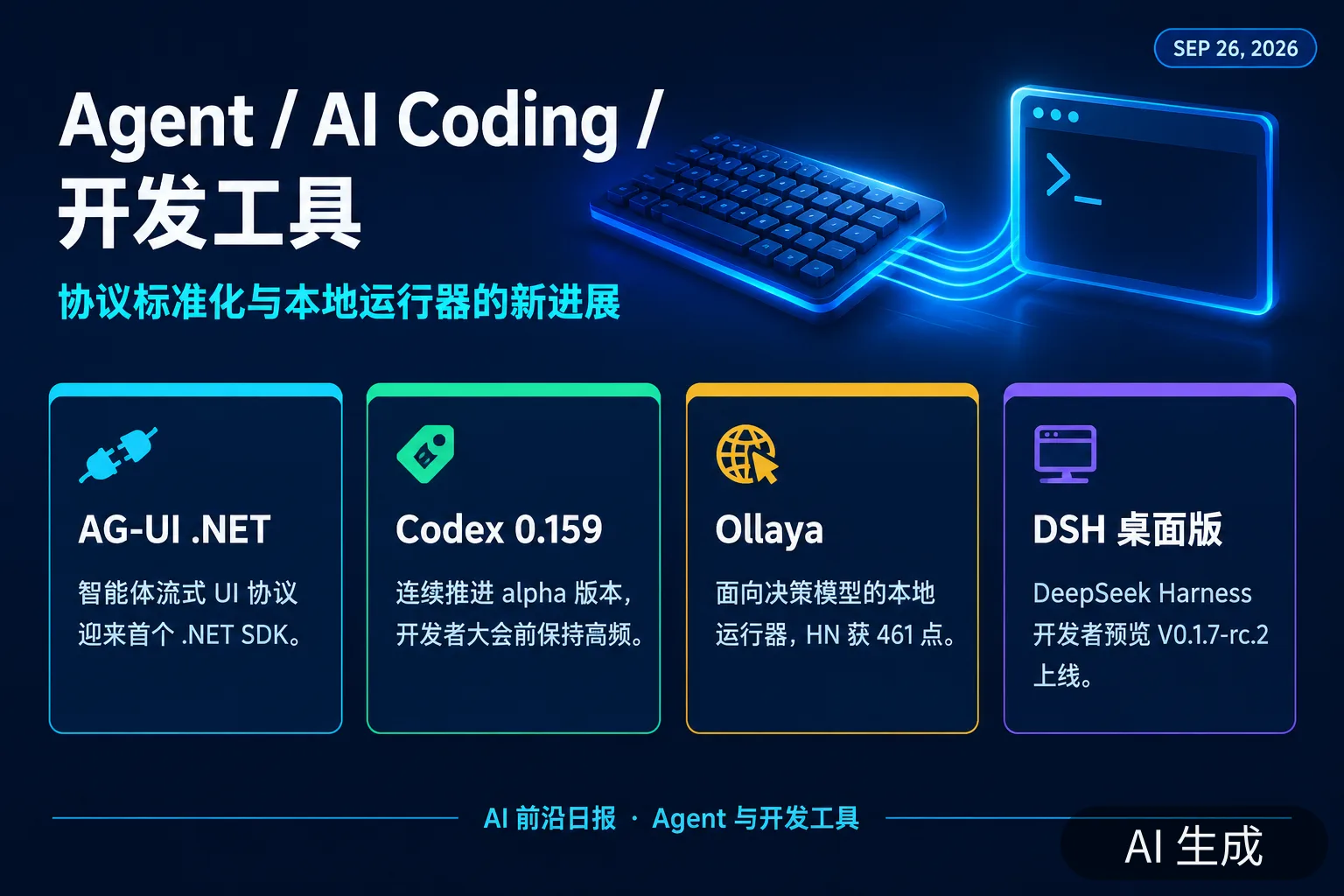 信息图：Agent 与开发工具四则（AI 生成图，文字为当日报道要点）