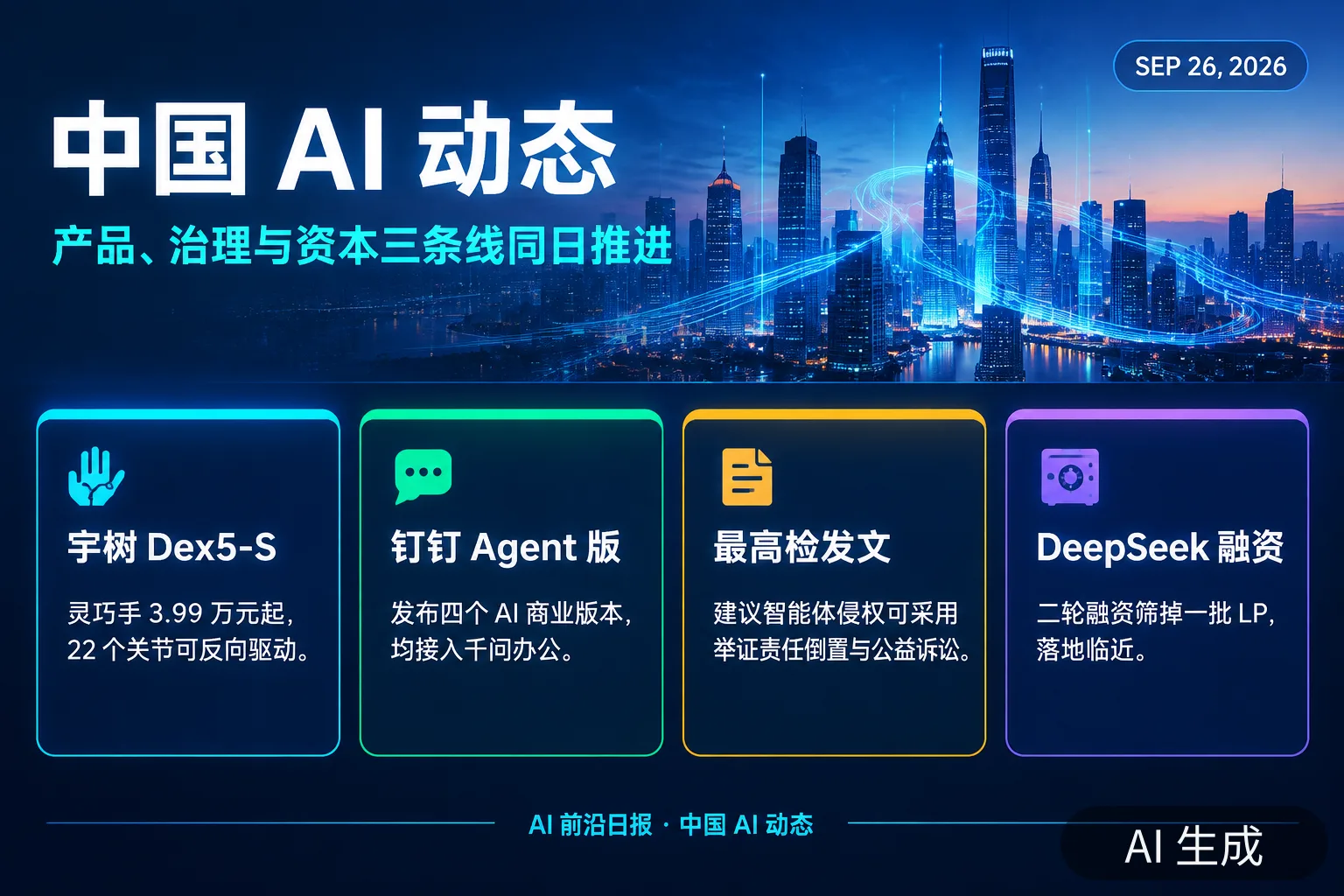 信息图：中国 AI 动态四则（AI 生成图，文字为当日报道要点）