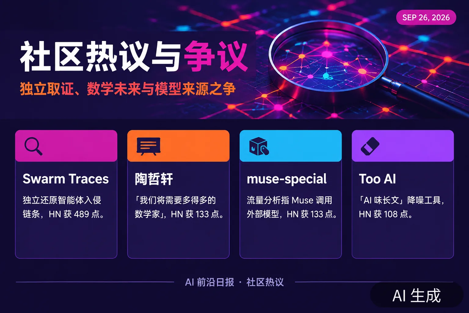 信息图：社区热议四则（AI 生成图，文字为当日报道要点）