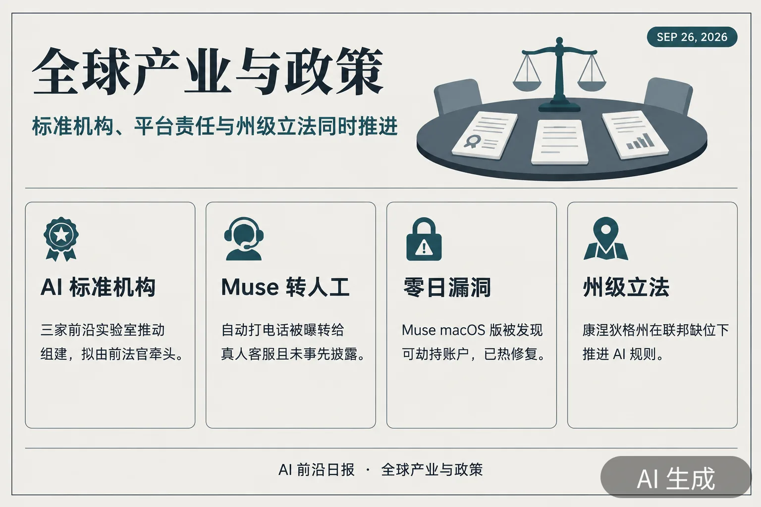 信息图：全球产业与政策四则（AI 生成图，文字为当日报道要点）