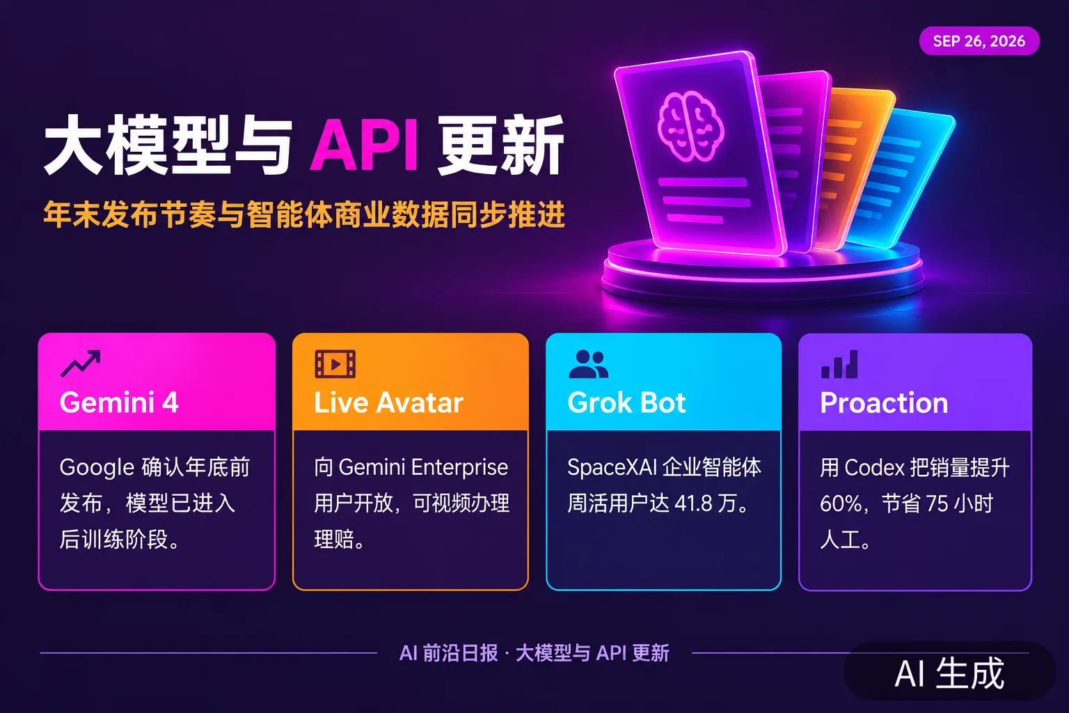 信息图：大模型与 API 更新四则（AI 生成图，文字为当日报道要点）