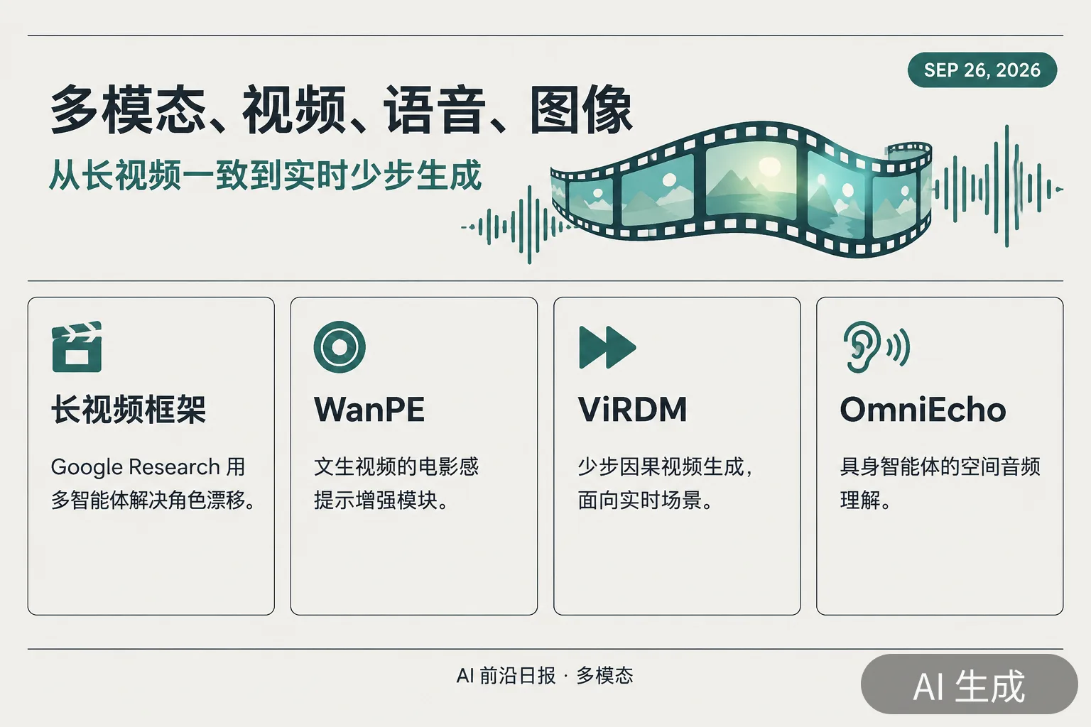 信息图：多模态与视频生成四则（AI 生成图，文字为当日报道要点）