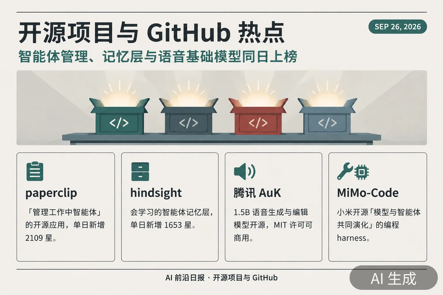 信息图：GitHub 趋势与开源项目四则（AI 生成图，文字为当日报道要点）