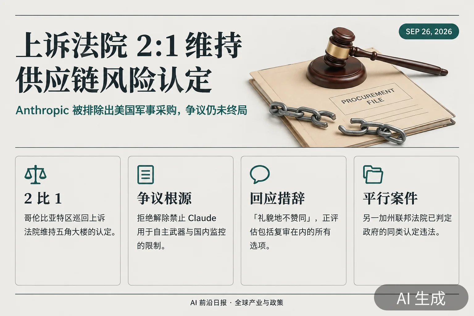 信息图：Anthropic 与五角大楼供应链风险裁决要点（AI 生成图，文字为当日报道要点）