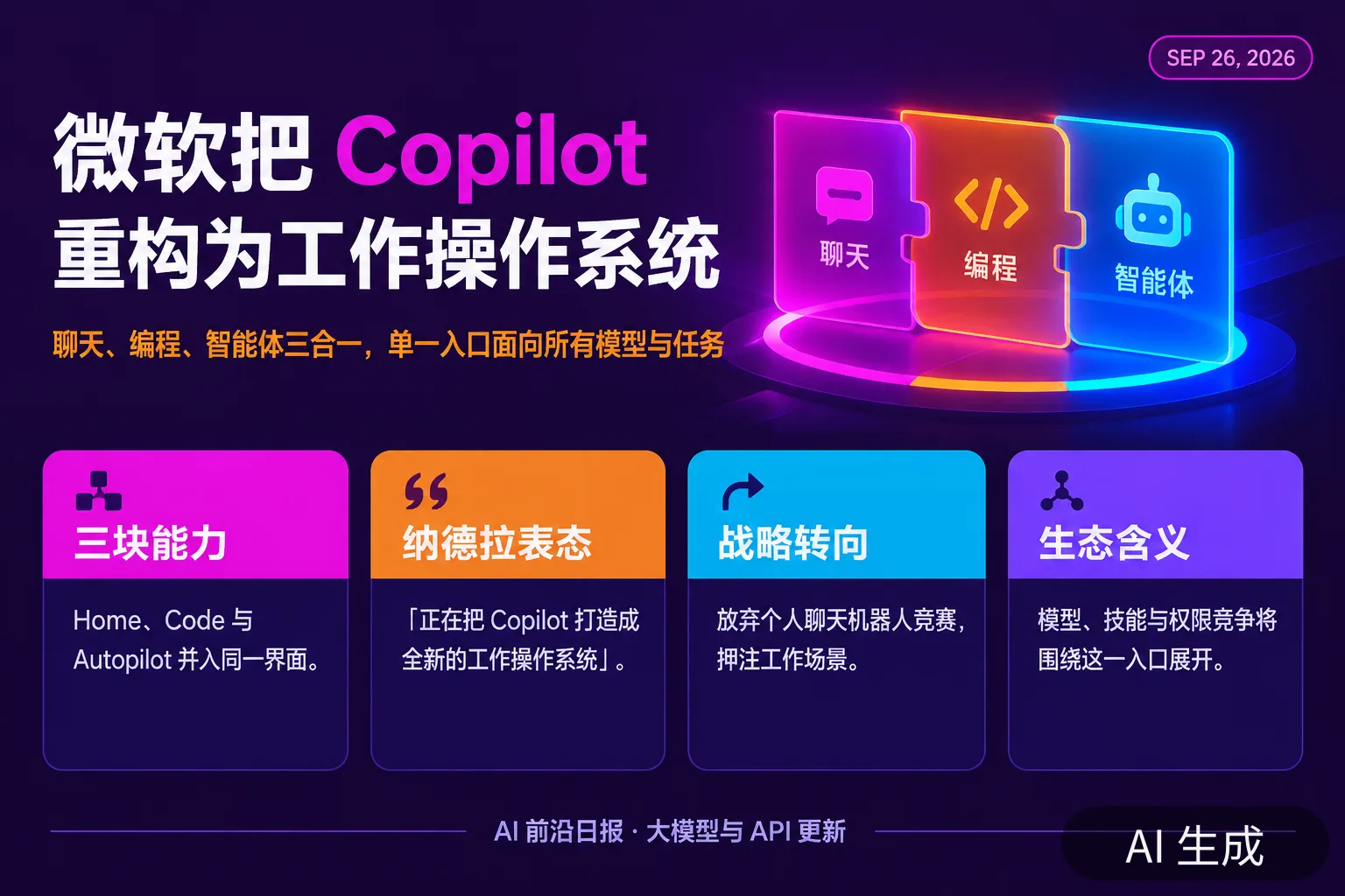 信息图：微软新版 Copilot 超级应用要点（AI 生成图，文字为当日报道要点）